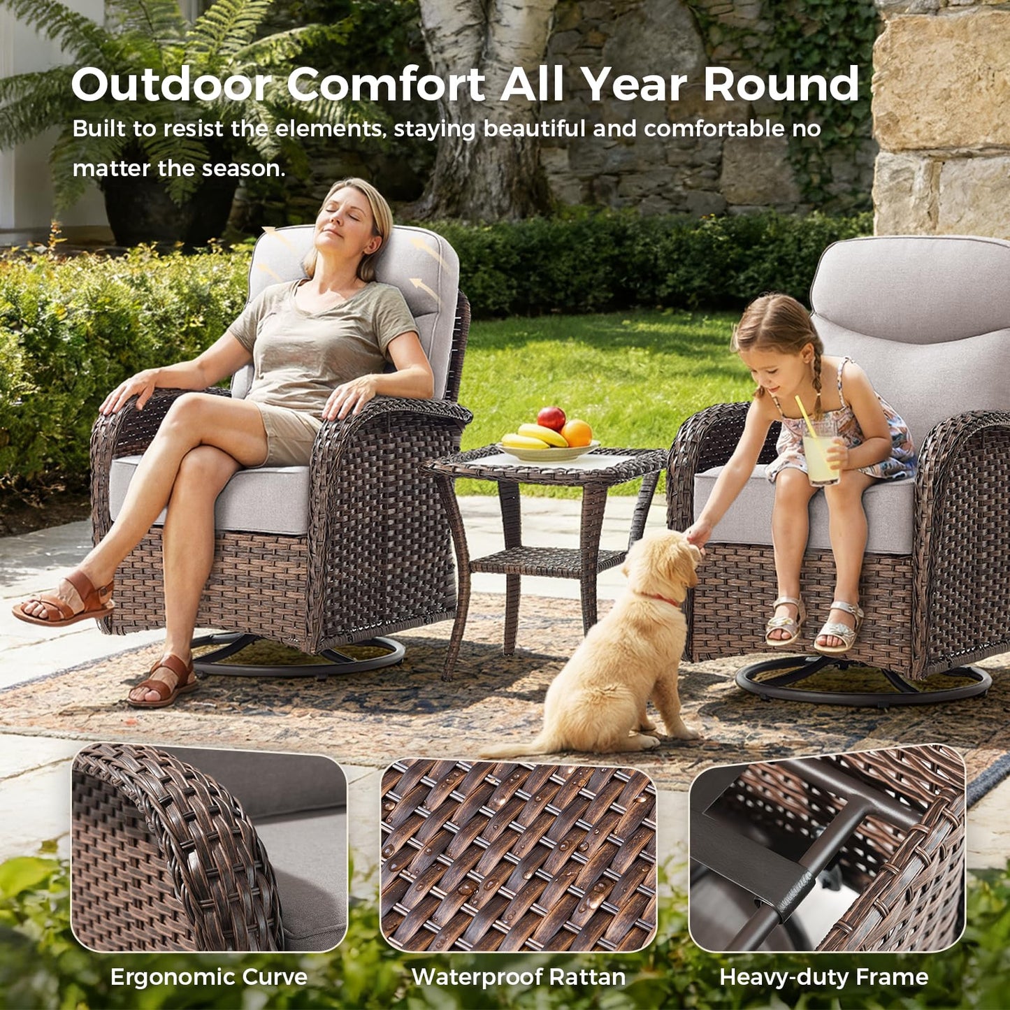 Luxury Patio Furniture Set with 6-inch Thick Cushions, Outdoor Furniture Set with High Back Swivel Chairs, 6 PCS Wicker Outdoor Conversation Set for Porch, Patio, Yard, Deck, Poolside, Brown/Beige