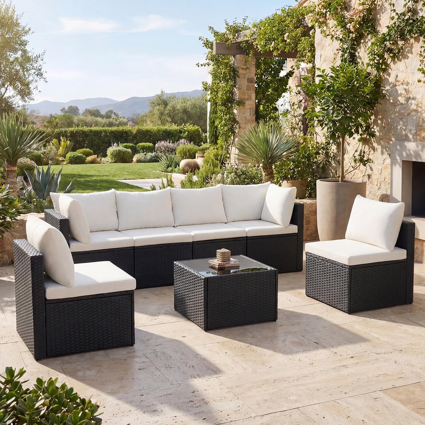 Sweetcrispy 7-Piece Outdoor Patio Sectional Sofa, Modular PE Wicker Outdoor Sectional with Thick Cushions, Rattan Patio Sofa Set with Coffee Table for Backyard, Poolside, Garden, Deck, Black