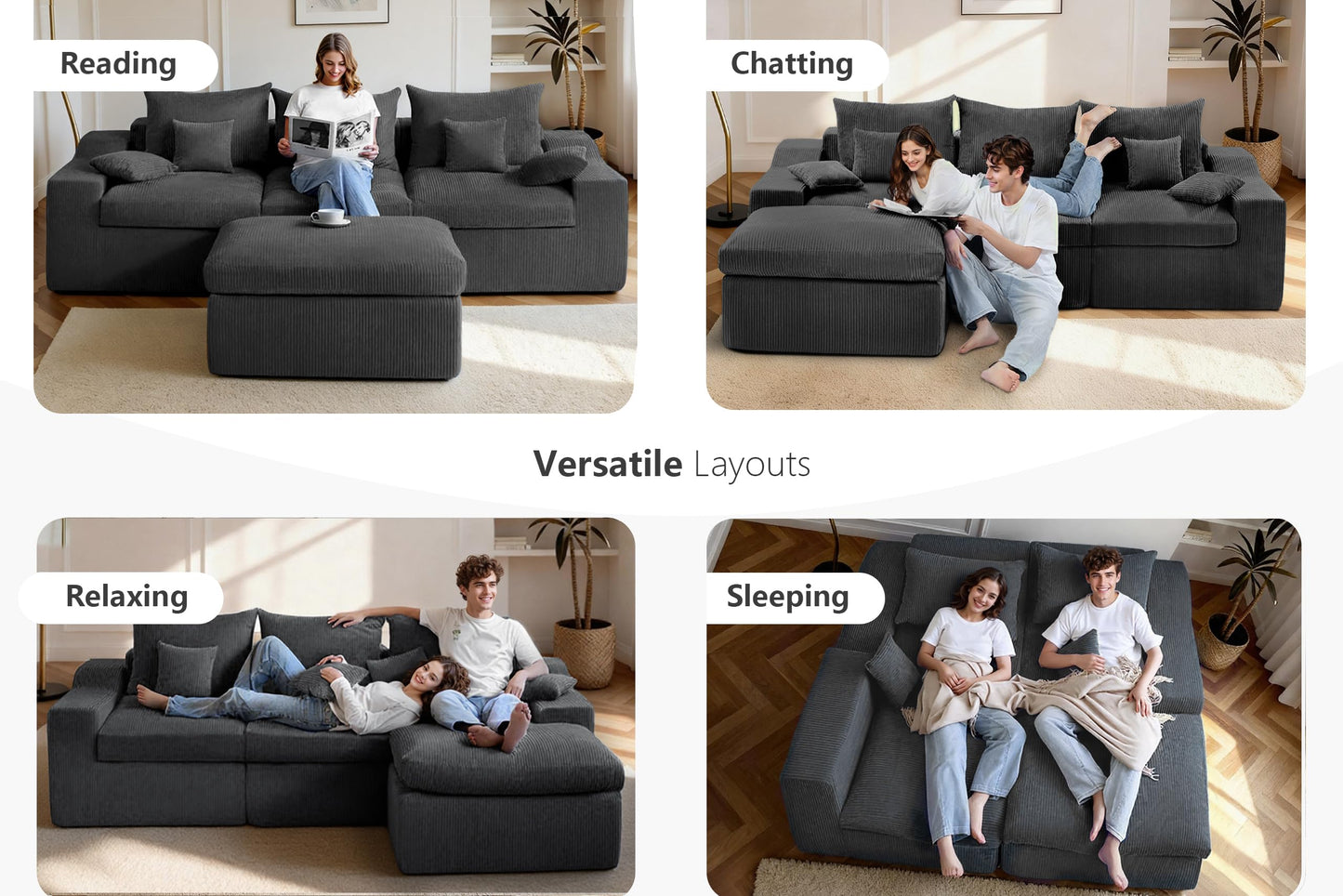 HABUTWAY 104" L Shaped Cloud Sectional Couch, Boneless Modular Sectional Sofa with Deep Seat, Corduroy Couches for Living Room, Modular Couch, No Assembly Required (Grey)
