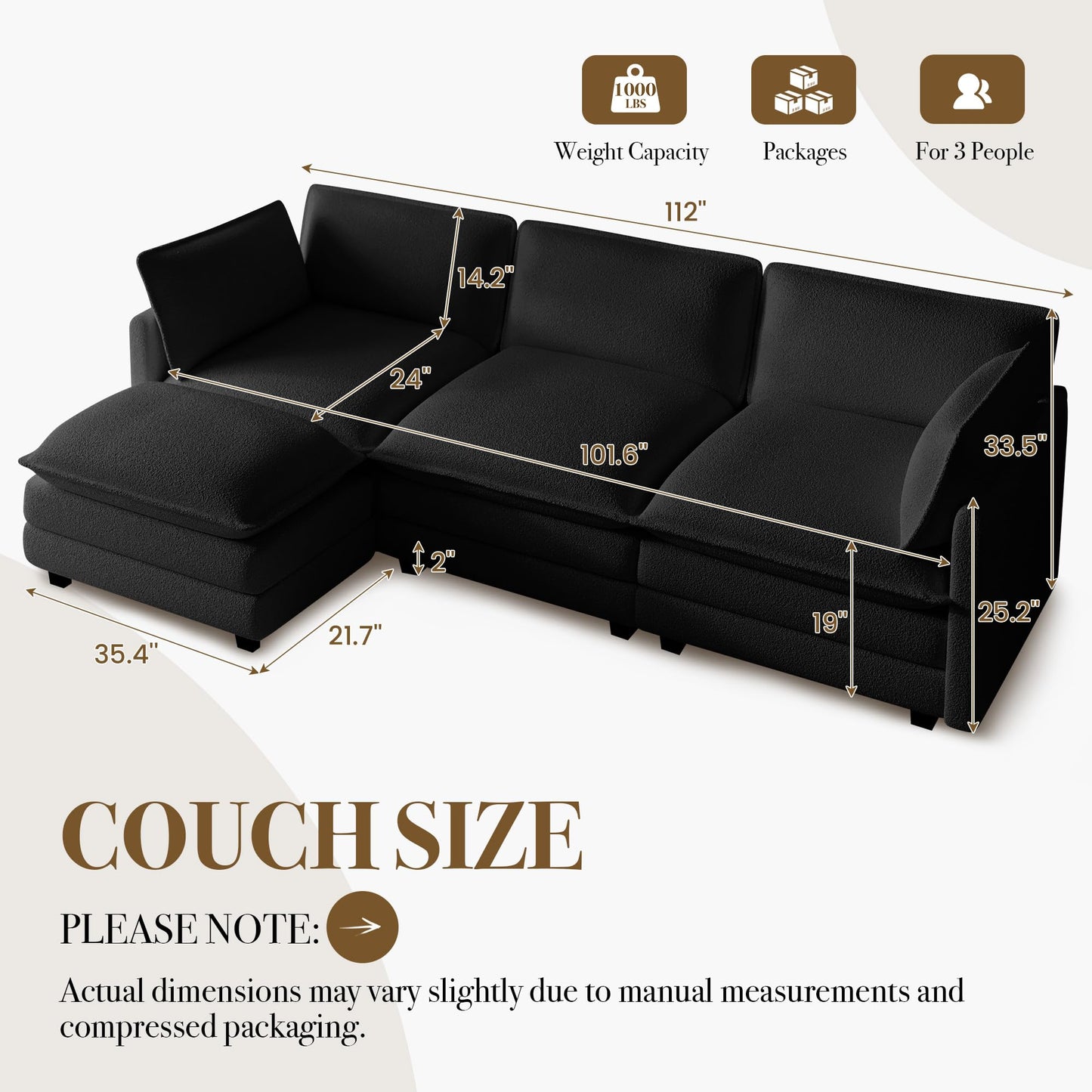 ROWHY 112'' Modular Sectional Cloud Couch with Movable Ottoman, 4 Seat Modern Chenille Sofa with 2 Throw Pillows, Deep Seat L Shaped Couch for Living Room Bedroom Apartment, Black