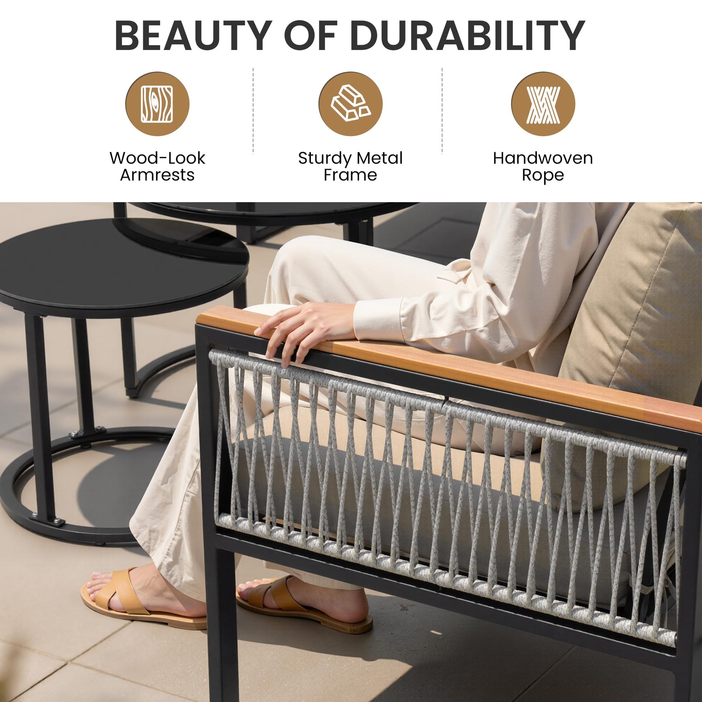 Crestlive 6 Piece Patio Furniture Set, Modern L-Shaped Outdoor Sectional Sofa with Nesting Tables, 4 Inch Thick Cushion, All Weather Resistant Outdoor Furniture Set for Backyard Patio Garden