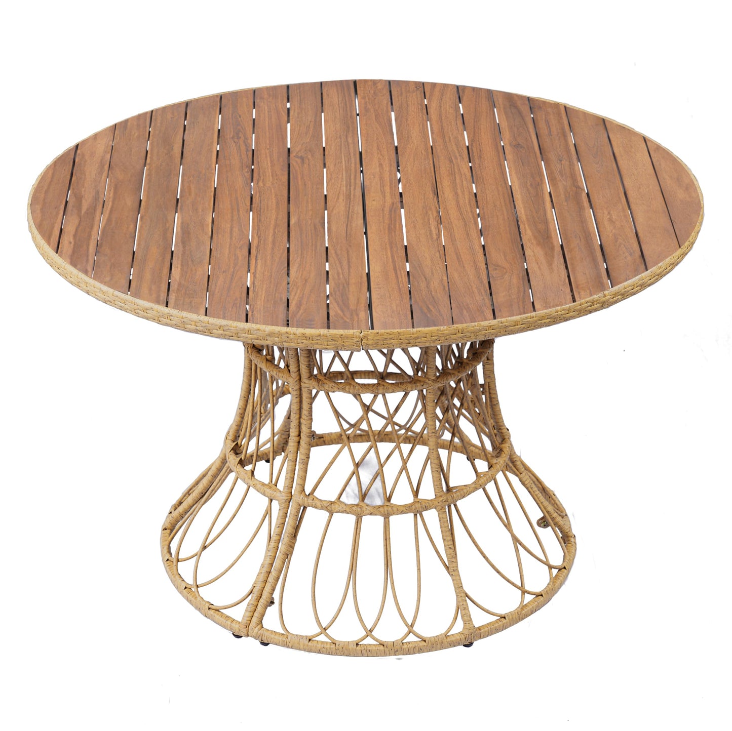 Merax 5-Piece Outdoor Dining Set, 47.24'' Round Acacia Wood Table & 4 Wicker Armchairs, Patio Furniture Set for Garden Balcony Deck, Teak Finish