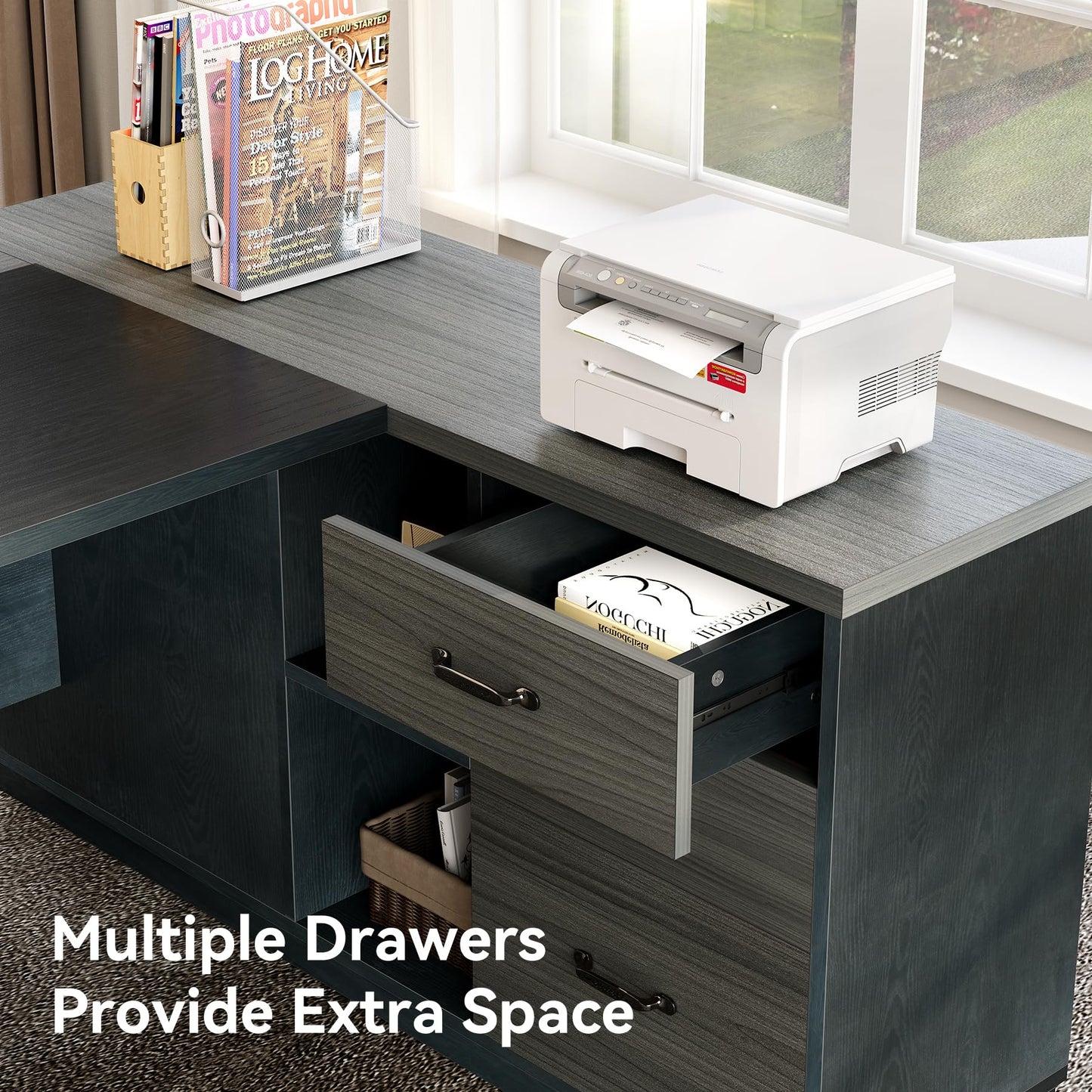 LITTLE TREE 78-Inch Executive Office Desk with File Cabinet, Large Modern Corner Office Desk for Home Office, 3-Drawer Wood File Cabinet, Spacious Workstation for Home Office (Grey & Black)