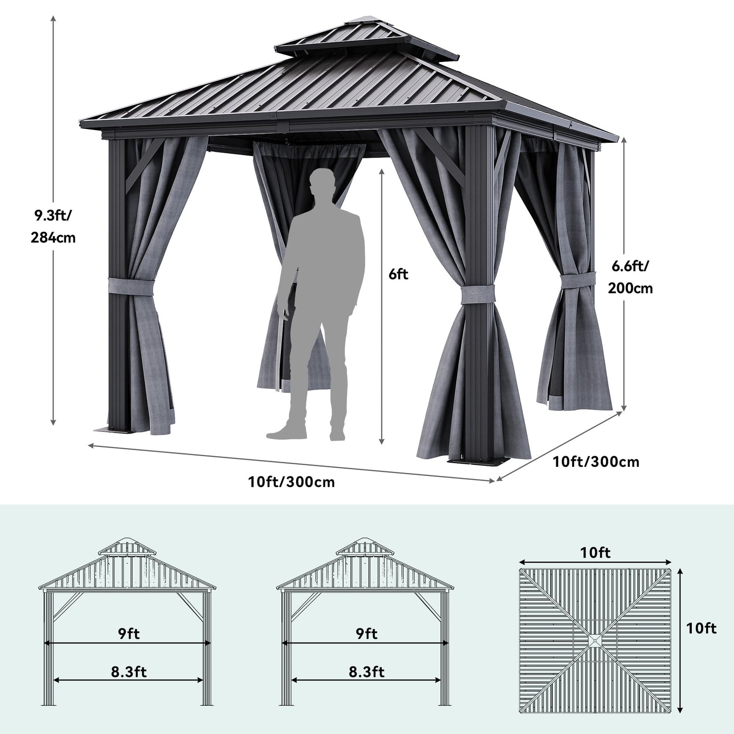 YITAHOME 10X10FT Hard Top Metal Gazebo Patios Double Roof Canopy Aluminum Frame Garden Gazebo Tent Curtains Netting for Patios Backyards Decks Lawns Gray