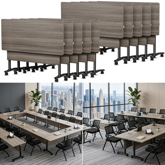 Folding Conference Room Table with Wheels, 6ft Modular Large Mobile Modern Conference Tables Office Meeting Training Table for Classroom(10, Gray, D 55")