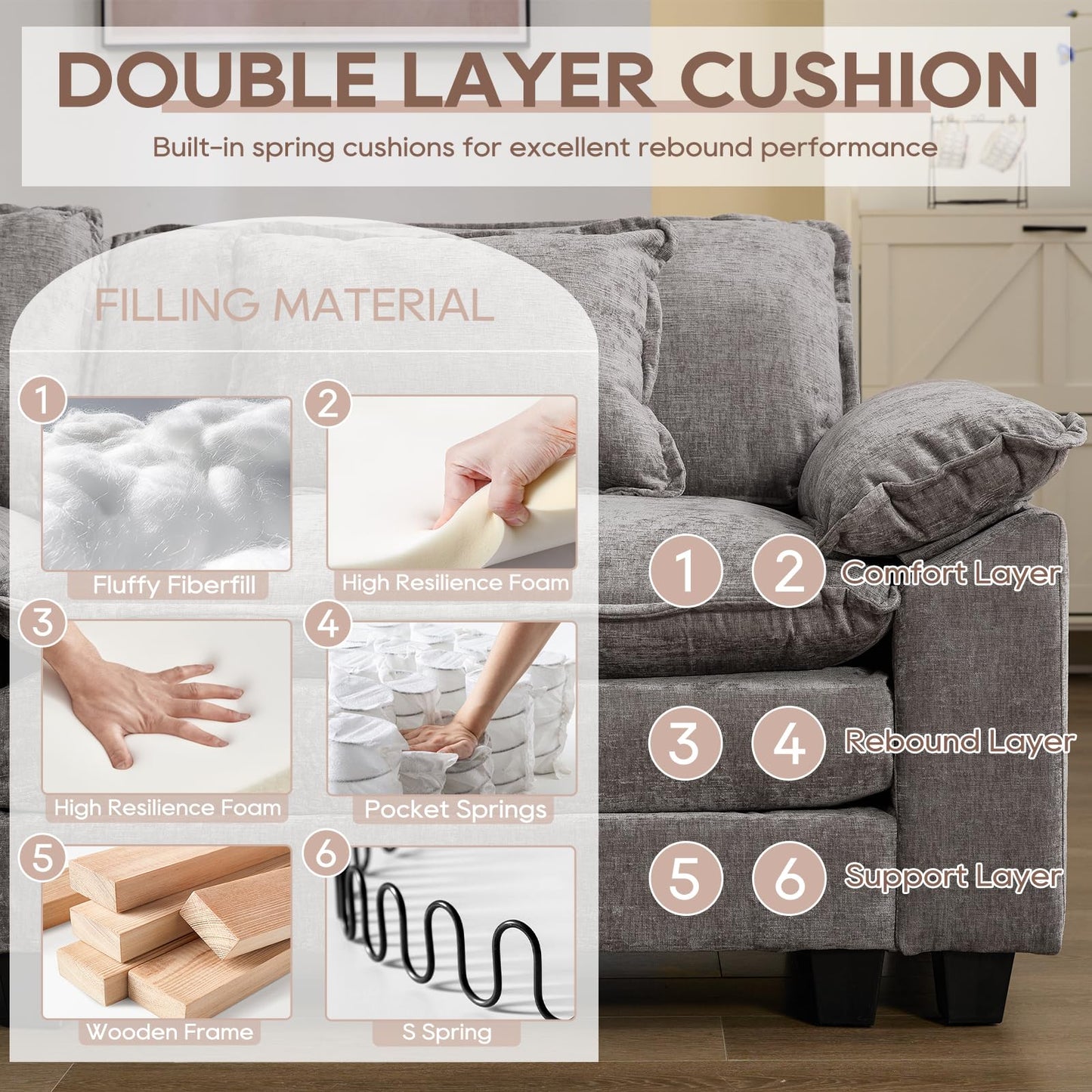 IPKIG 117" Modular Sectional Sofa, Chenille U-Shaped Sectional Couch Comfy Upholstered 3 Seat Sofa with 2 Ottoman, 3 Lumbar Pillow, Deep Seat Cloud Couch Sofa for Living Room, Light Grey