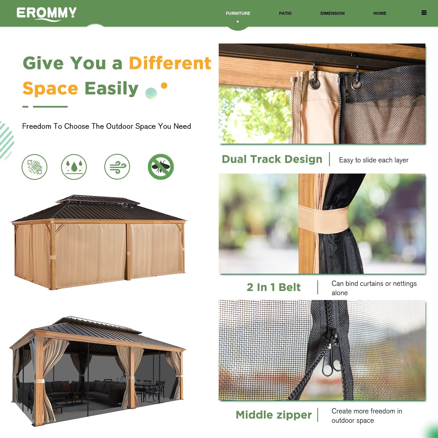 EROMMY 12'x20' Gazebo, Galvanized Steel Double Roof with Wood Grain Aluminum Frame, Outdoor Permanent Metal Pavilion with Curtains and Nettings for Patio, Backyard and Deck