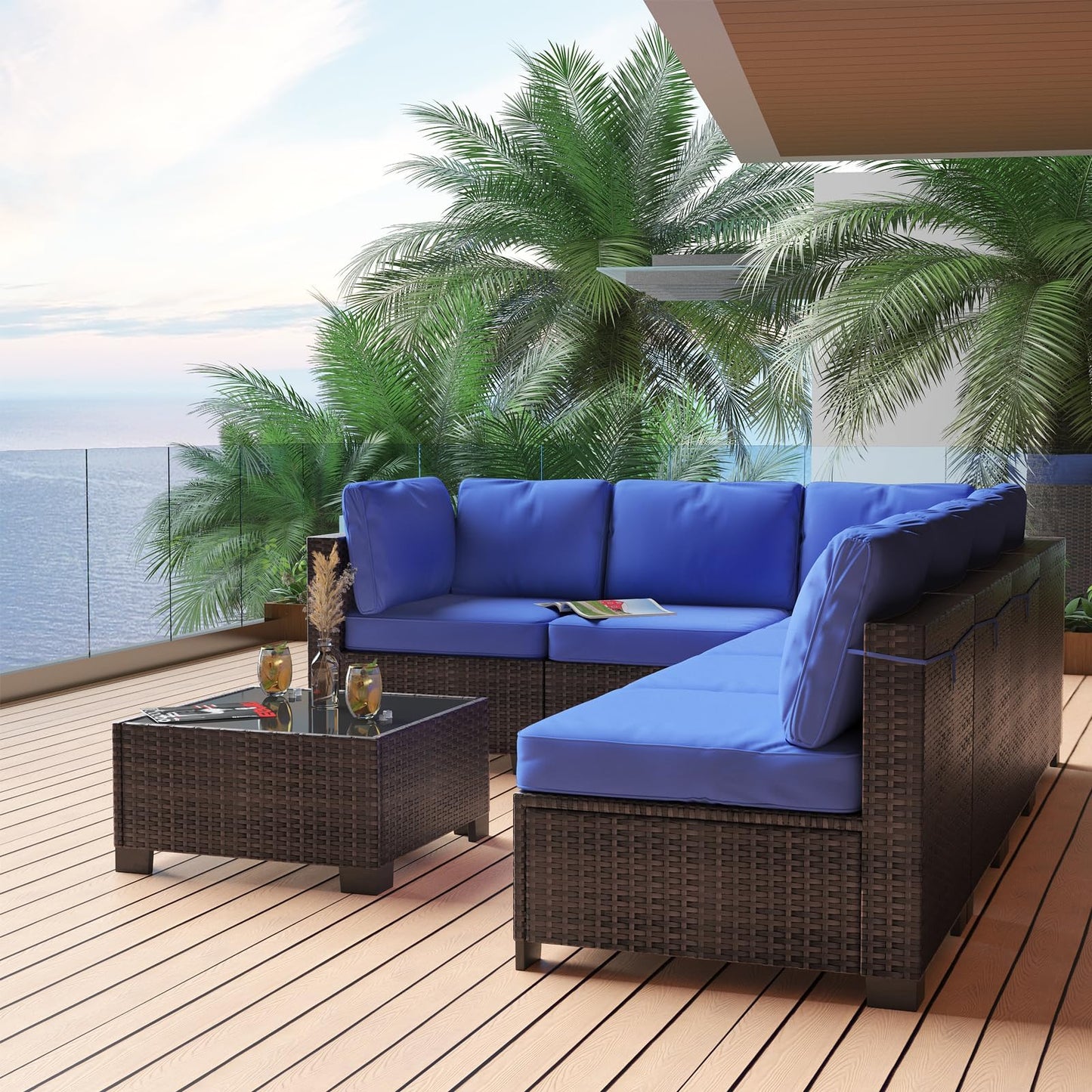 GAOMON 7 Pieces Outdoor Patio Furniture Sets, Rattan Conversation Set with Sectional Sofa, Chairs and Coffee Table, Waterproof Patio Conversation Sets (Brown & Navy Blue)