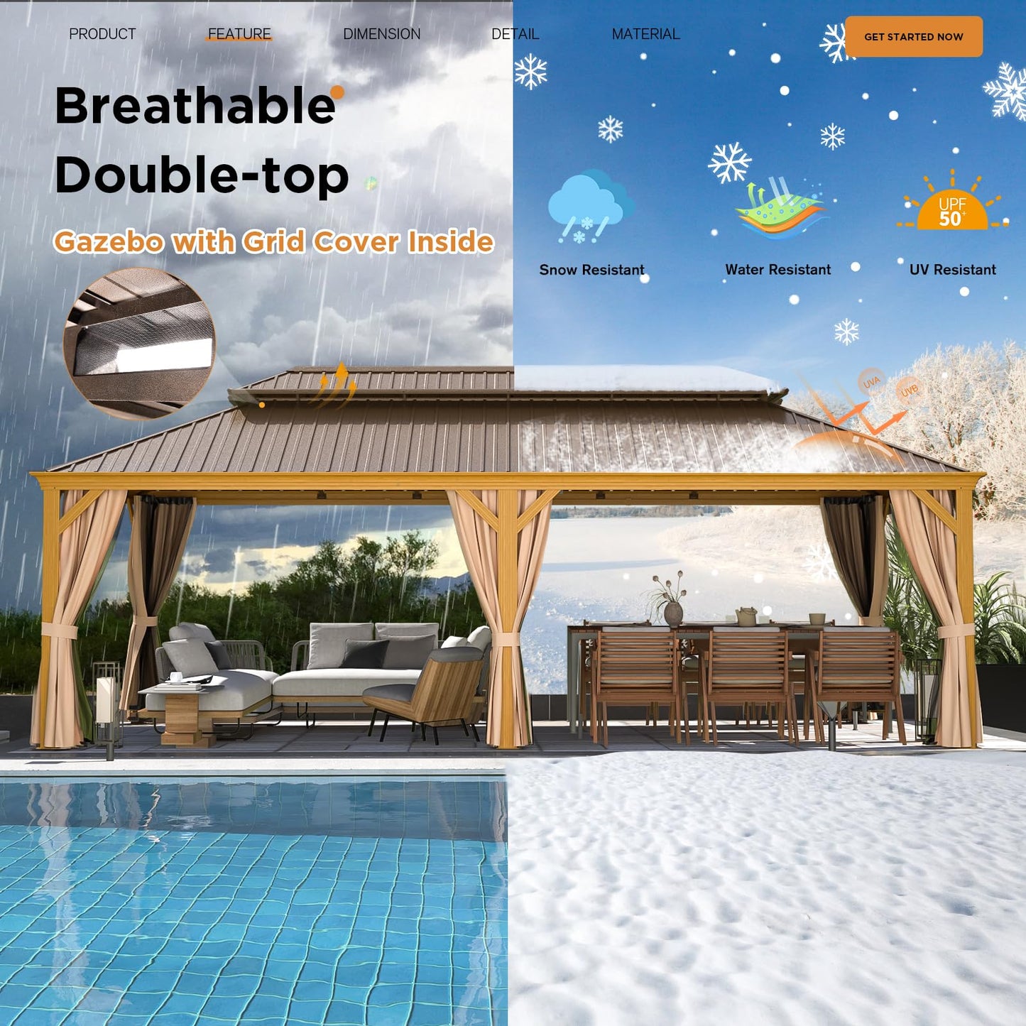 EROMMY 12'x24' Hardtop Gazebo, Galvanized Steel Double Roof with Wood Grain Aluminum Frame, Outdoor Gazebo with Curtains and Nettings for Patio, Backyard and Deck