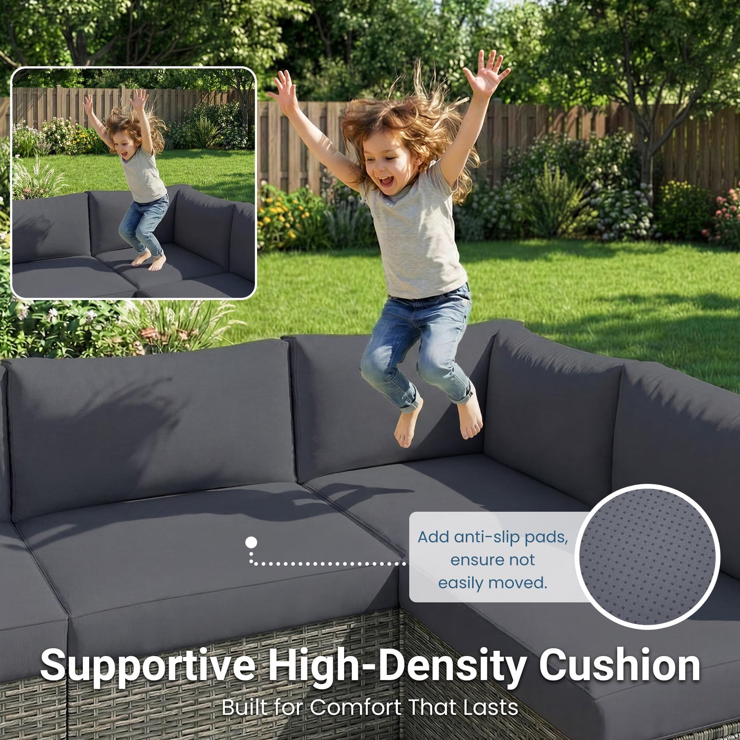 May in Color 7 Pieces Wicker Outdoor Patio Furniture Set, Patio Sectional Sofa with Coffee Table, All-Weather Outdoor Sectional Furniture for Garden Backyard, Grey