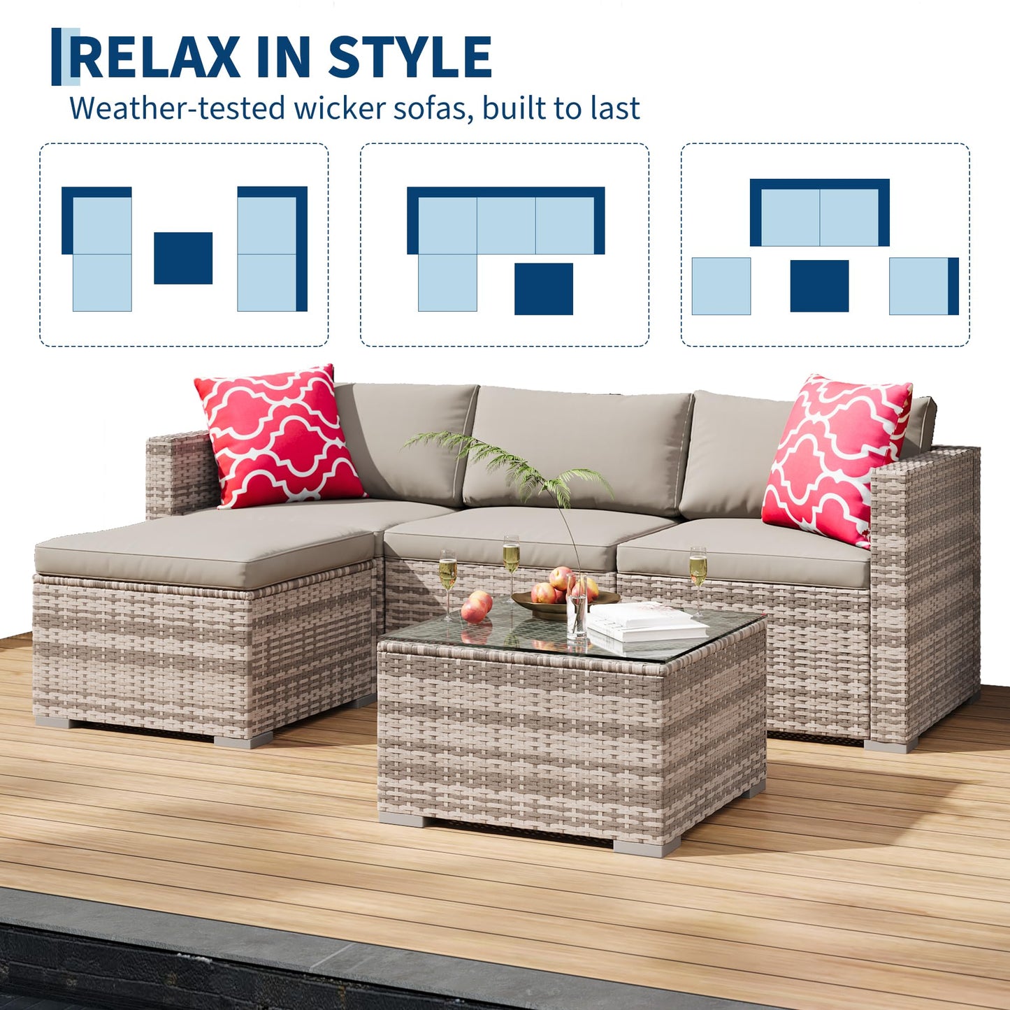 GAOMON 5-Piece All-Weather Patio Furniture Set, Convertible Outdoor Sectional Sofa with Ottoman & Tempered Glass Table, PE Rattan Conversation Set for Garden, Backyard, Porch, Poolside