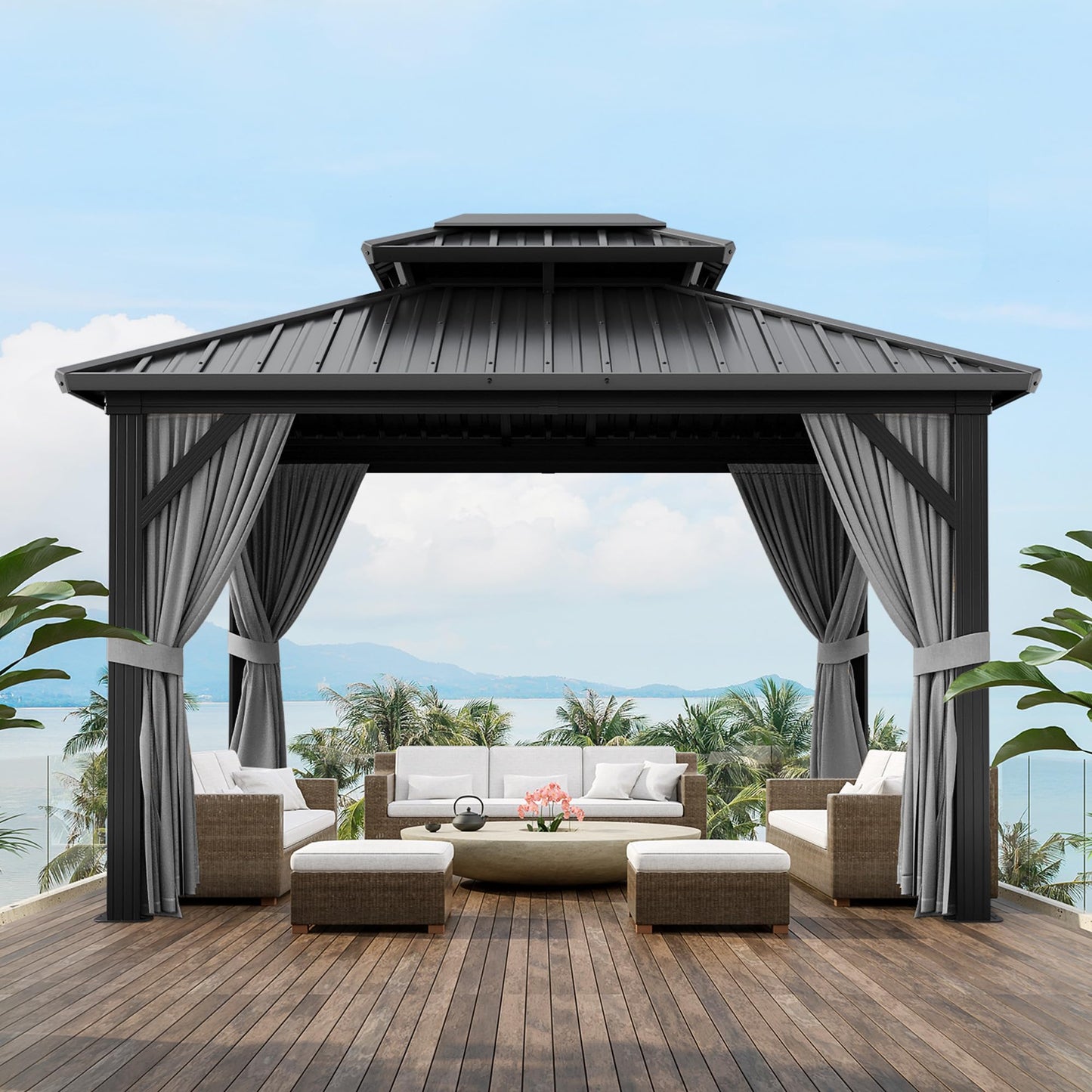 10' x 12' Aluminum Hardtop Gazebo with Double Metal Roof, All-Weather Permanent Outdoor Canopy with Netting & Curtains for Patio, Backyard, Deck, and Lawn