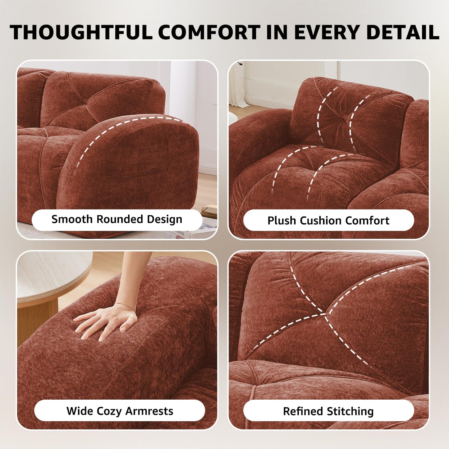 Red L-Shaped Sectional Couches for Living Room, Velvet Fabric Boneless Couch, No Assembly Cloud Modular Sectional Sofa with 1 Ottoman, Foam Couch Compressed Sofa Set for Apartment, Sofas para Sala