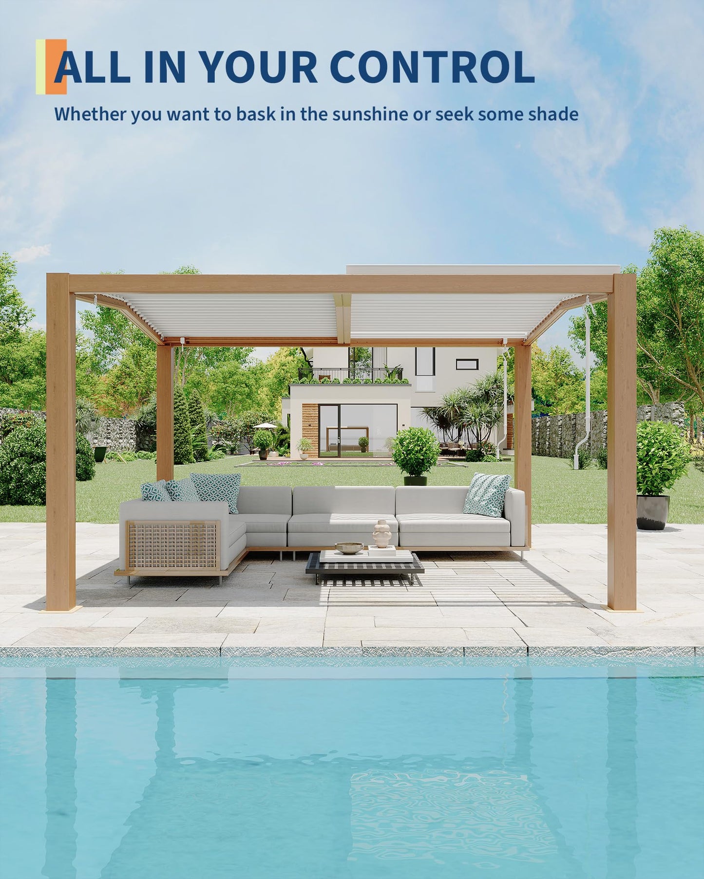 GarveeLife Louvered Pergola 11 ft x 13 ft, Outdoor Pergola with Adjustable Louvered Roof, Reinforced Aluminum Frame, Integrated Drainage System, Hardtop Gazebo for Patio, Deck, Wood Grain