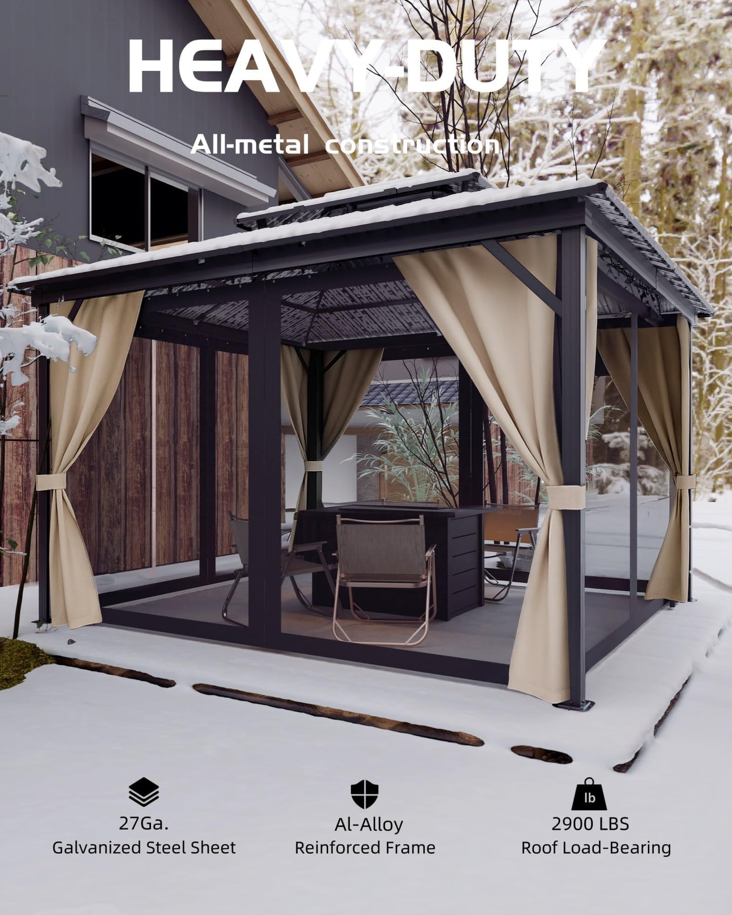 8'X8' Hardtop Gazebo, Outdoor Double Roof Galvanized Steel Gazebo, Aluminum Heavy-Duty Steel Top Canopy with Mosquito Net & Privacy Curtain for Patio, Porch, Garden, Lawn, Deck, Backyard,Gray