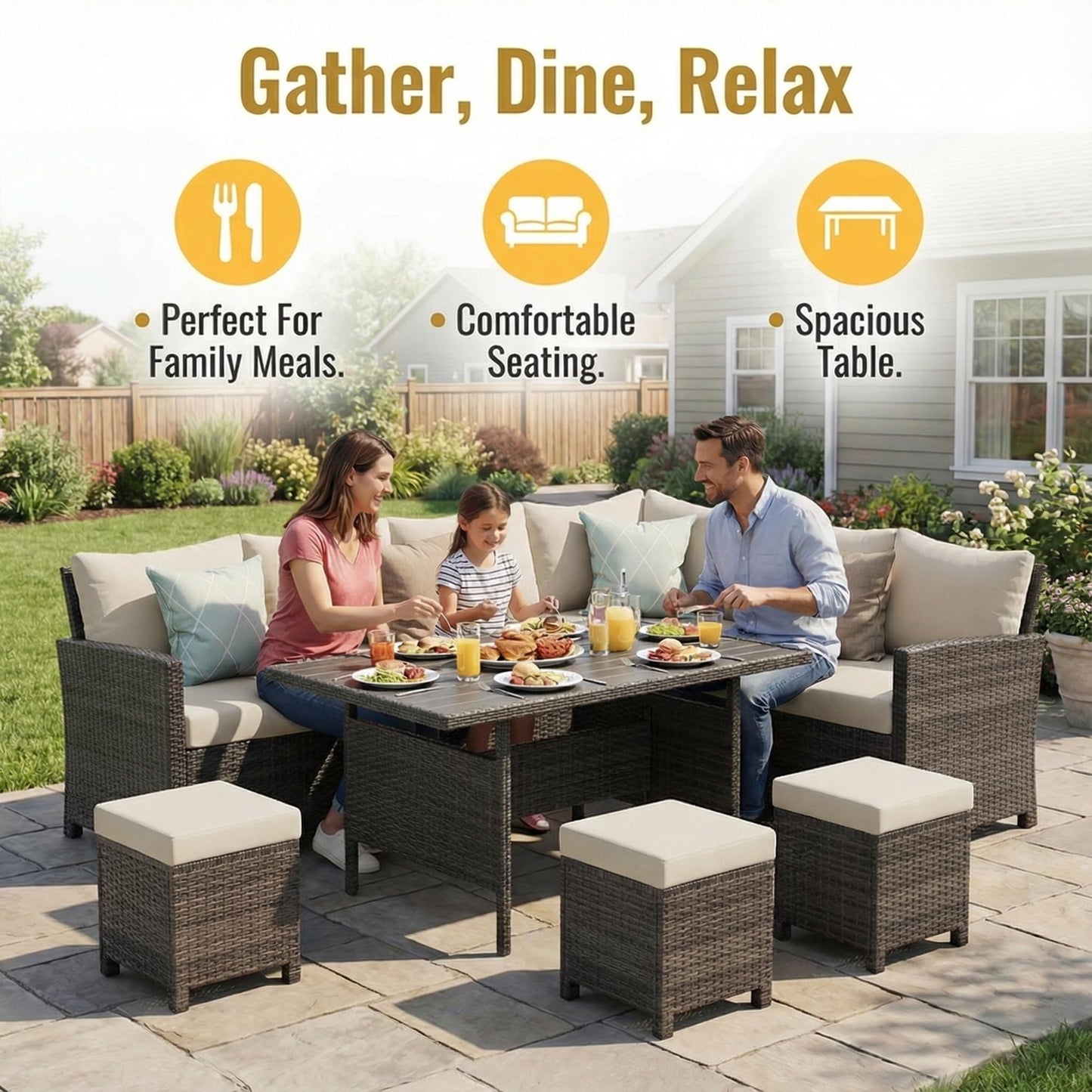 Wisteria Lane 7 Piece Patio Furniture Set, High Curved Back Wicker Patio Sectional, All Weather Outdoor Dining Set, Outdoor Furniture Patio Conversation Set with Ottoman, Brown