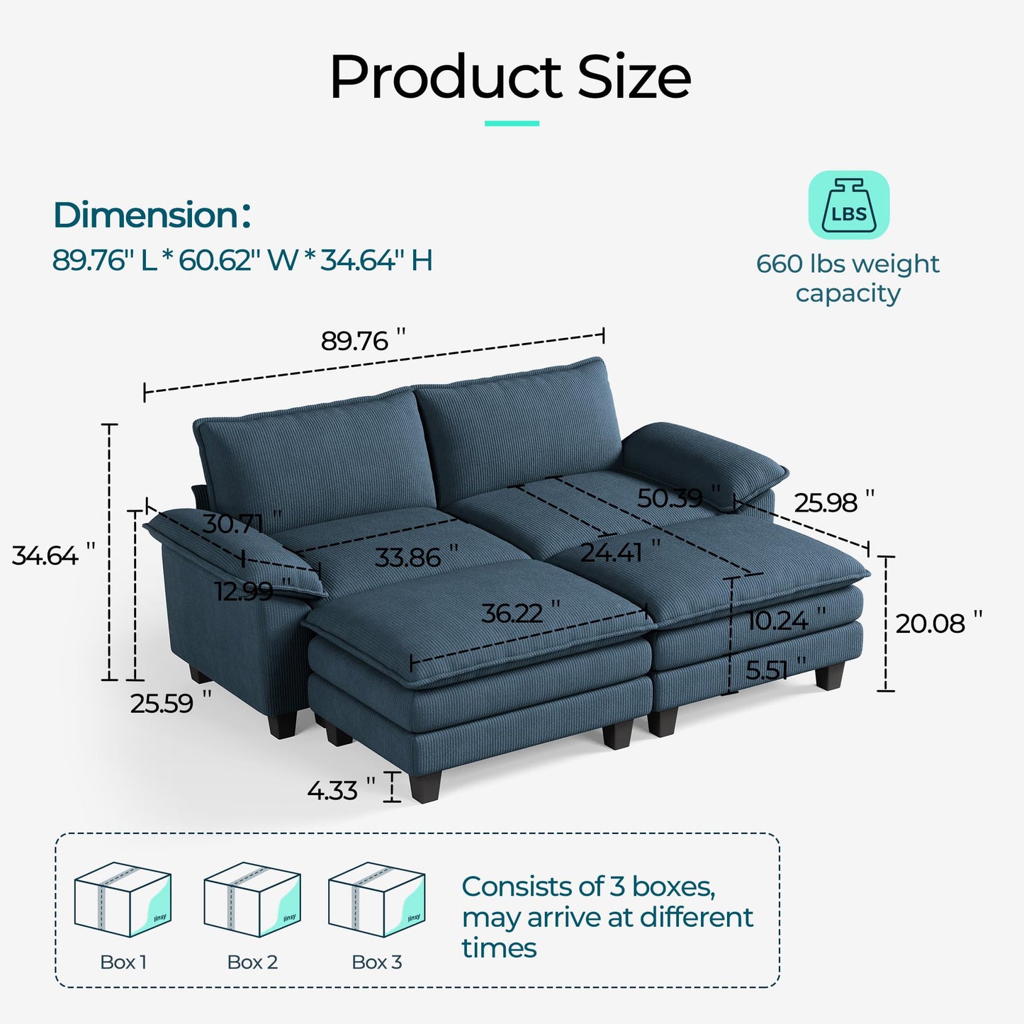 LINSY HOME Modular Sectional Sofa - Oversized Corduroy Cloud Couch with Movable Ottoman Soft Modern Comfy Sofa Set for Living Room Apartment Office, Blue