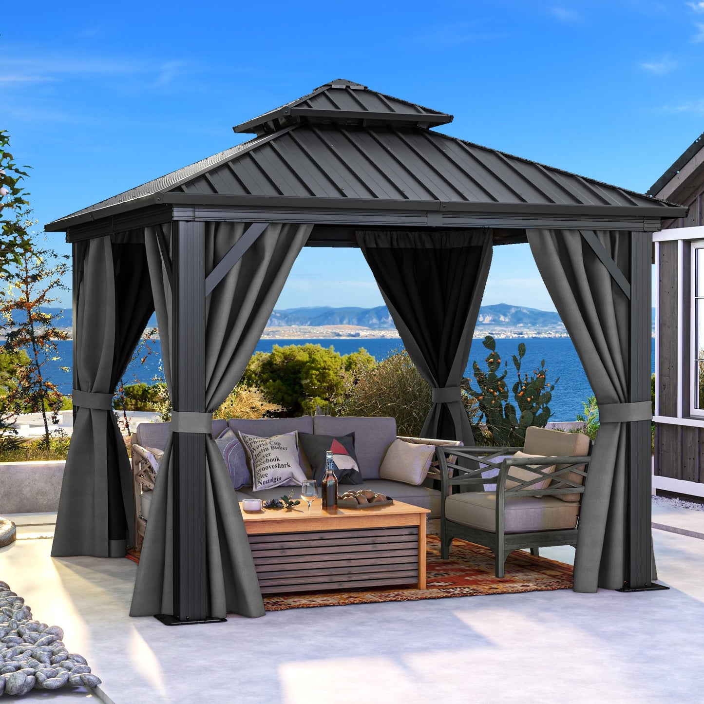 DWVO 10x10ft Hardtop Gazebo Double Roof with Nettings and Curtains, Heavy Duty Galvanized Steel Outdoor Vertical Stripes Roof for Patio, Backyard, Deck, Lawns, Grey