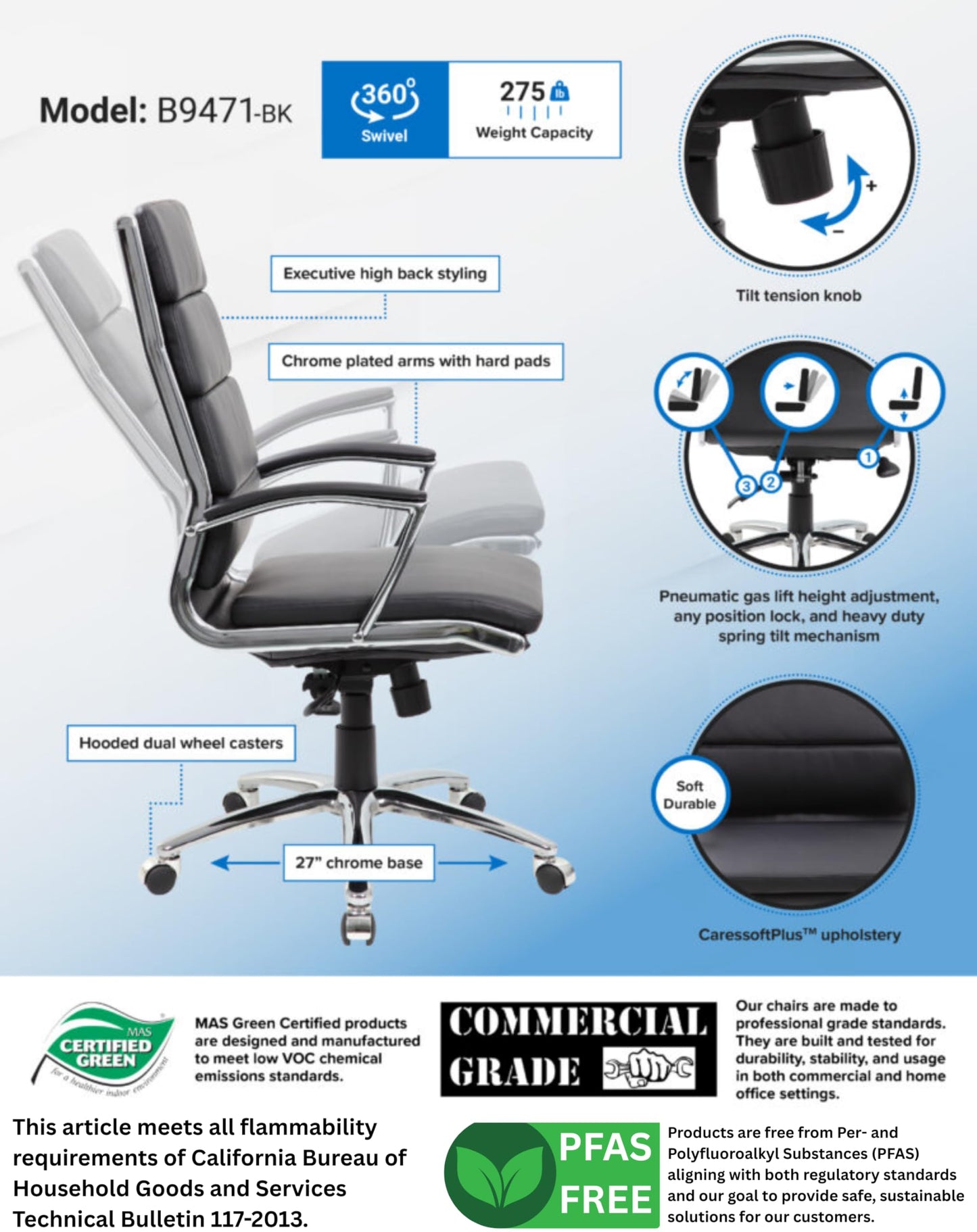 Boss Office Products CaressoftPlus Executive Chair, Traditional, Metal Chrome Finish (B9471-BK)