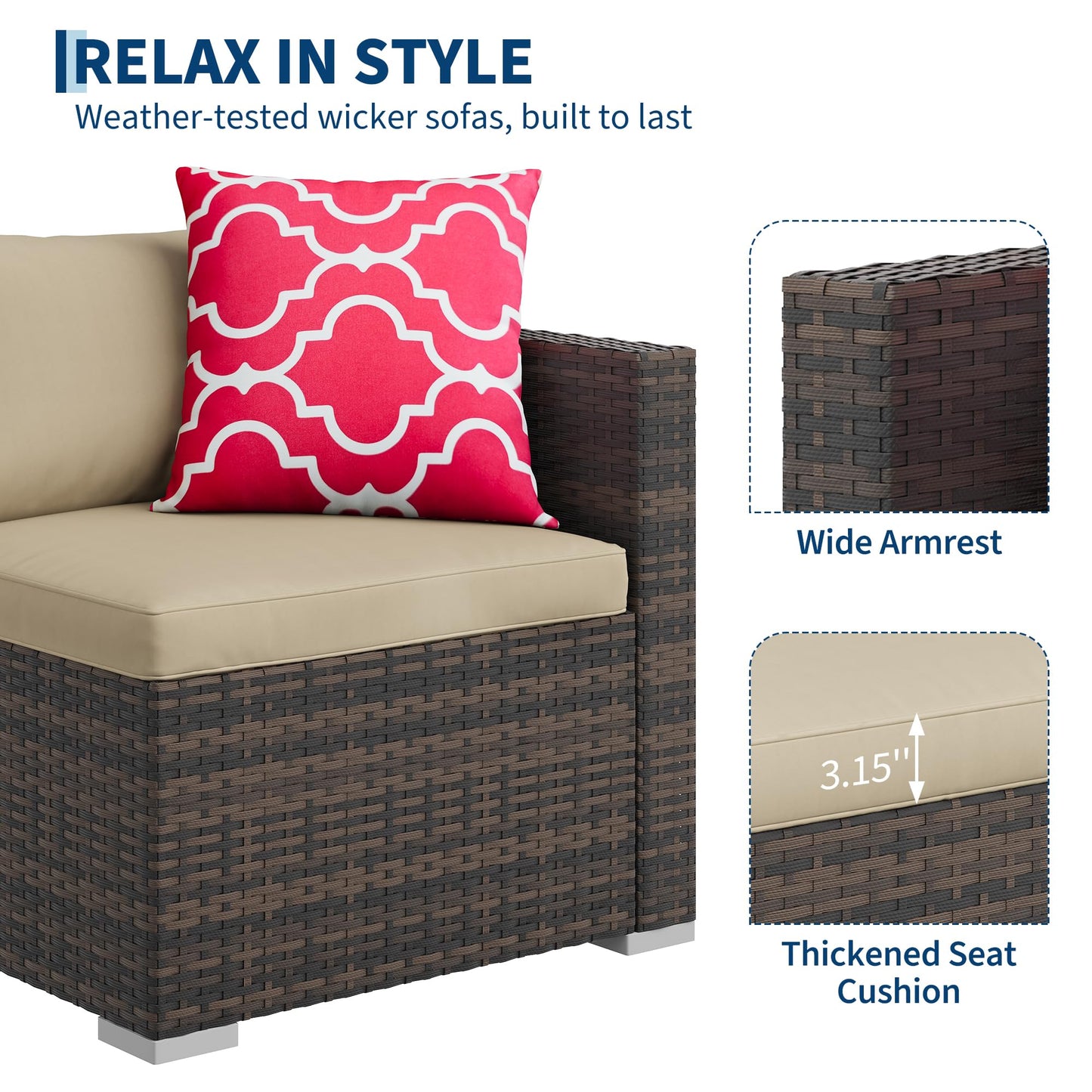 MilleLoom 5-Piece Outdoor Sectional Sofa Set, All-Weather PE Rattan Patio Furniture with Ottoman & Tempered Glass Table, Convertible Garden Couch for Backyard, Porch, Poolside (Brown/Khaki)