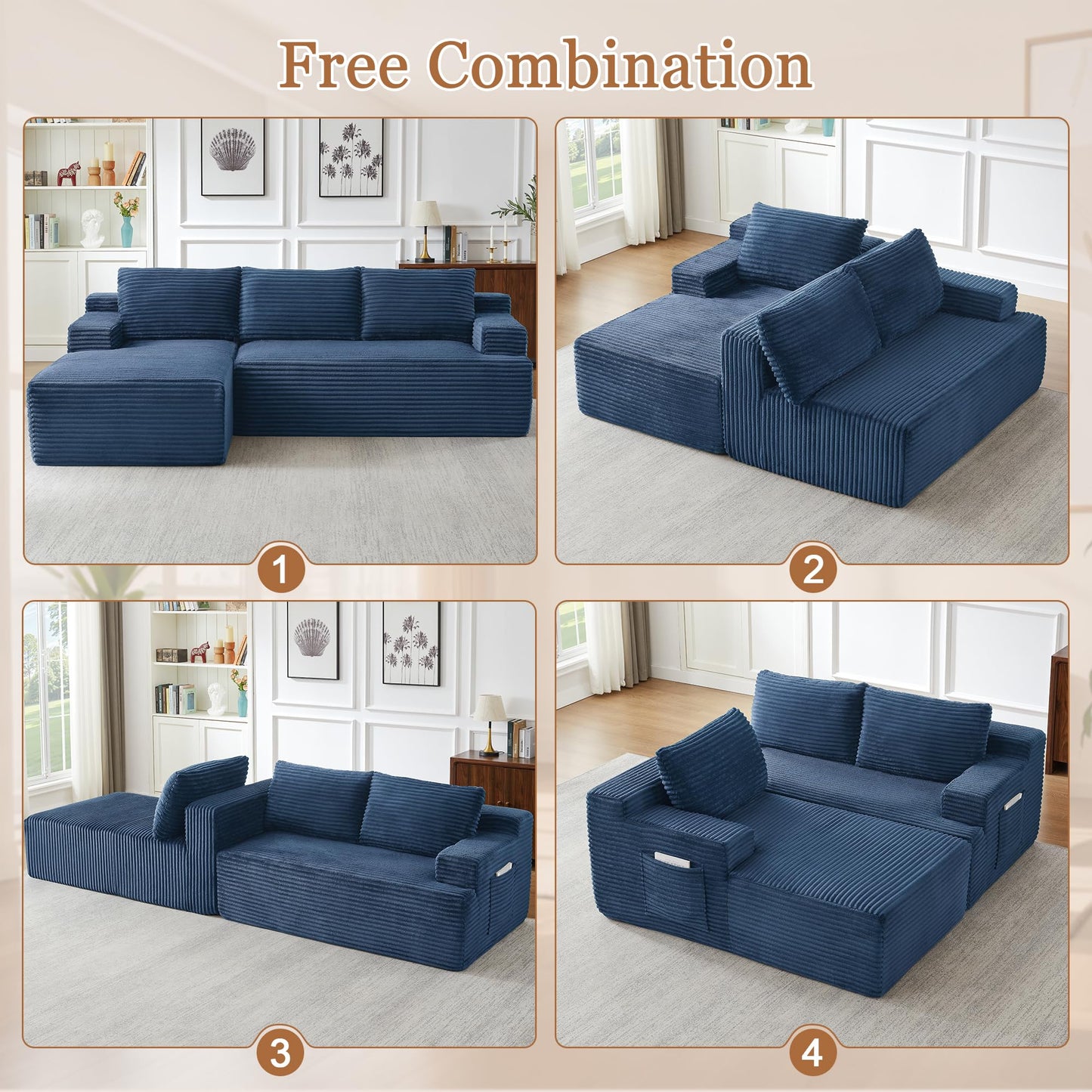 96" L Shaped Cloud Sectional Couch with Chaise, Deep Seat Modular Sectional Sofa Corduroy Memory Foam Sofa Boneless Couches for Living Room Bedroom, No Assembly Required