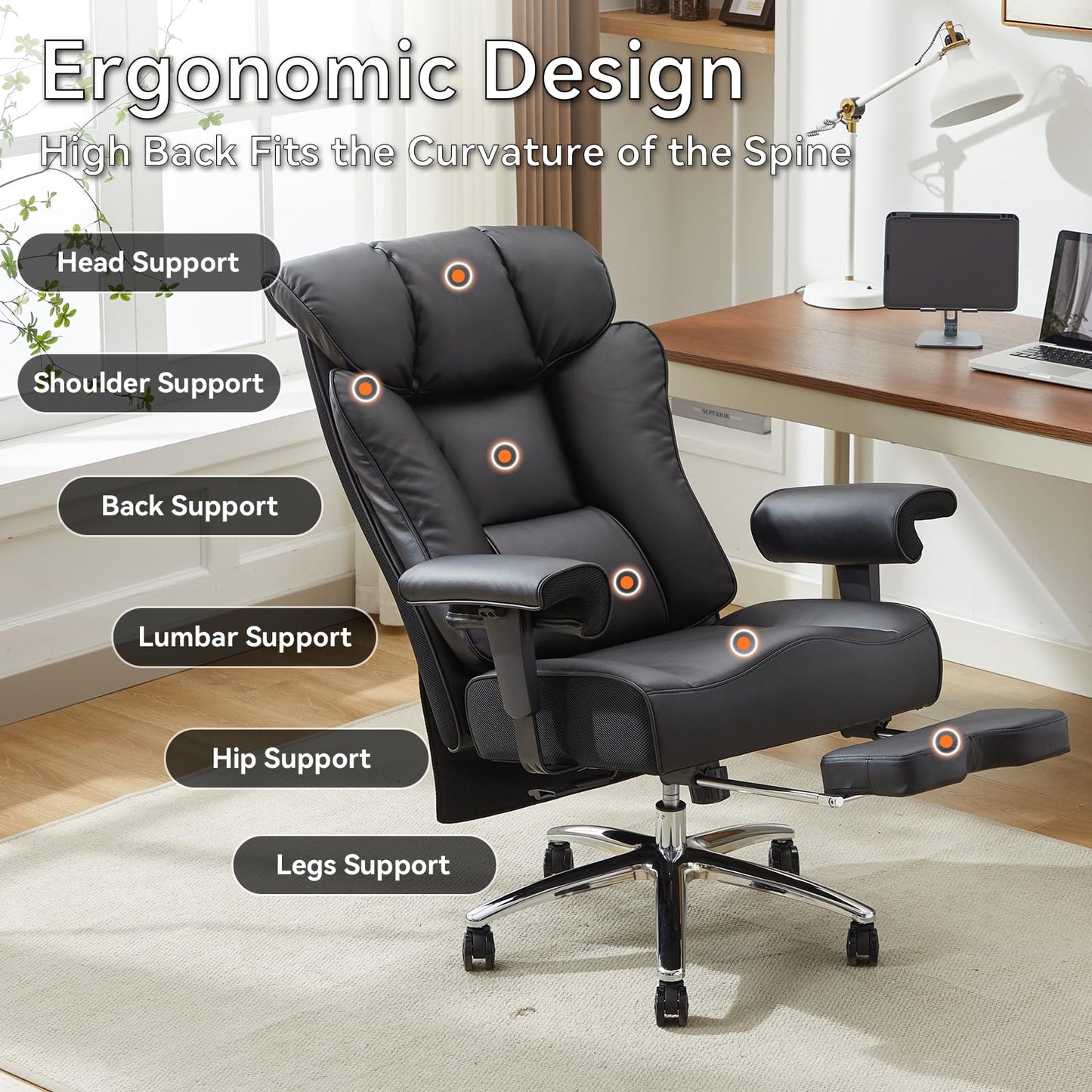 Efomao Big and Tall Office Chair with Footrest, 450lbs High Back Executive Chair with Spring Cushion, PU Leather Upholstery, Padded Armrests, Swivel Base, and Rolling Wheels – Black Computer Chair