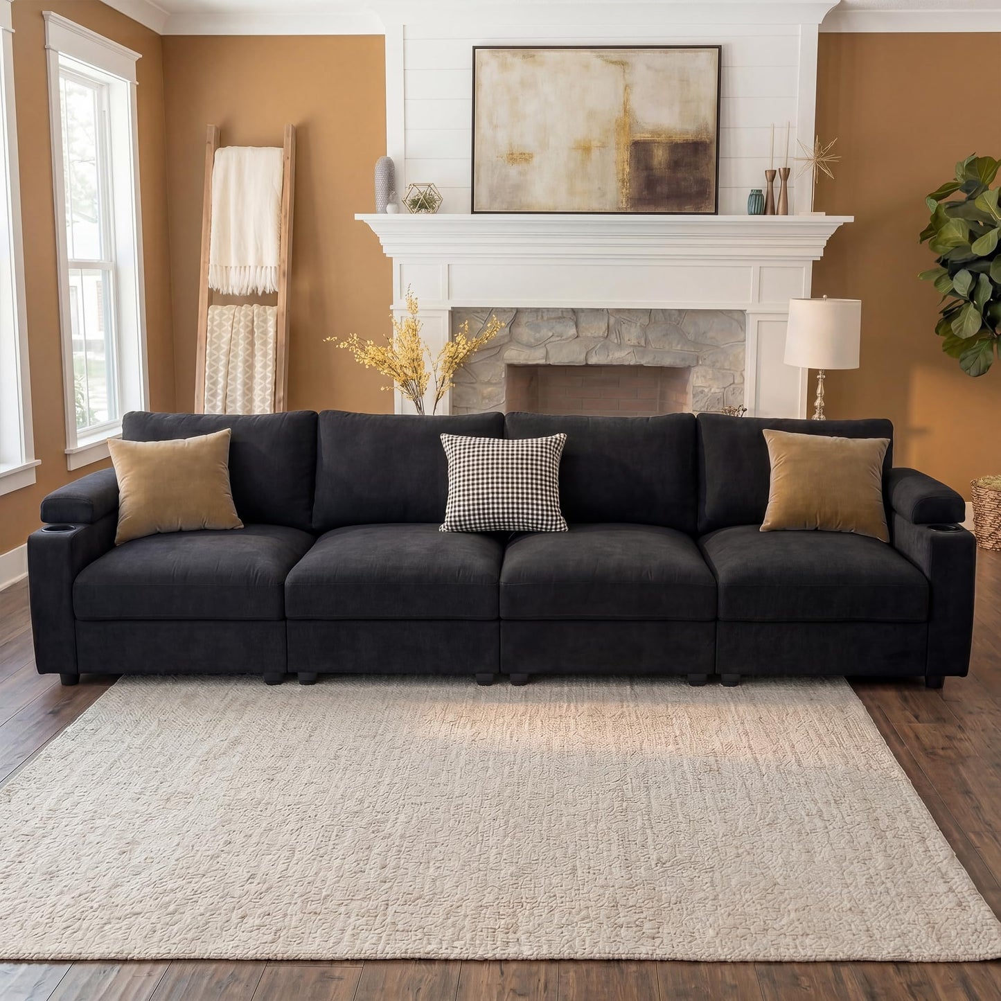 Sectional Couches for Living Room FSC Certified Velvet Modular Couch Oversized Cloud U Shaped Convertible Sleeper Sofa Chaise Detachable Armrest Cushion (Chenille Black, 4 Seat)