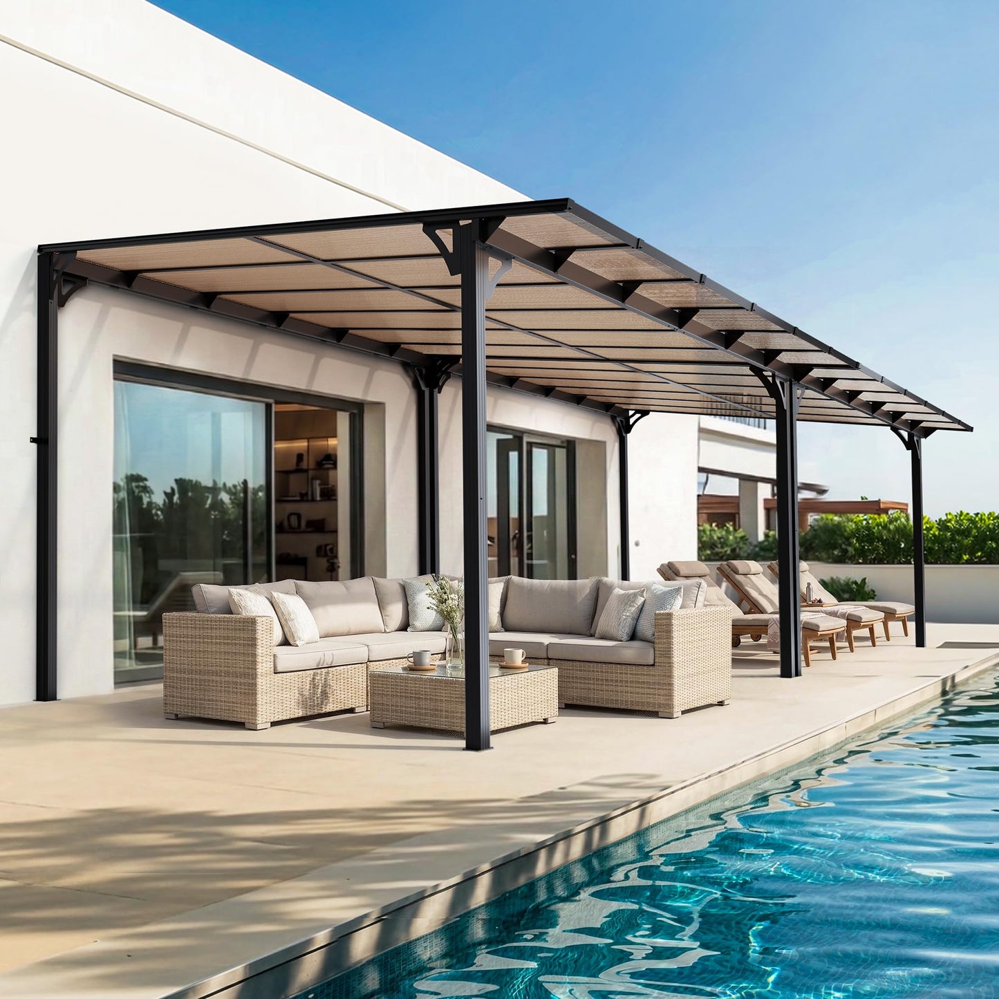 Pamapic 10 * 24FT Wall Mounted Gazebo,Hardtop Lean to Pergola,Outdoor Gazebo,Aluminum Frame Pergola,UV Resistant Polycarbonate Roof,Outdoor Patio Awnings for Deck,Backyard