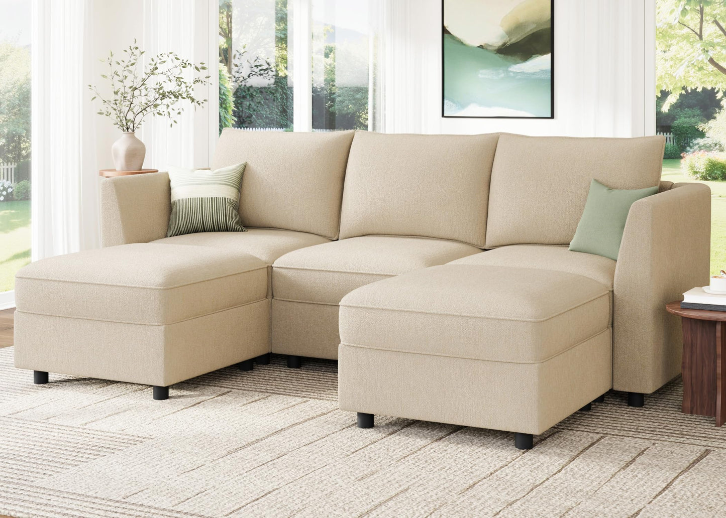 HONBAY Modular Sectional Sofa with Storage U Shaped Sectional Sofa, Convertible Couches for Living Room - Beige