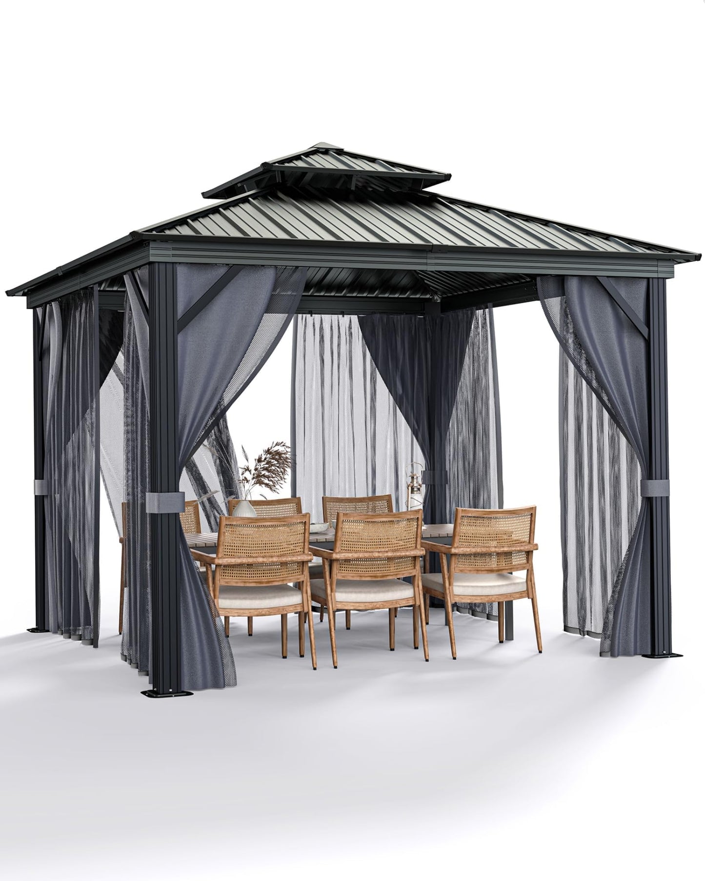 10'X10' Hardtop Gazebo, Galvanized Steel Aluminum Frame with Double Roof, Heavy-Duty Outdoor Patio Gazebo with Curtains & Netting for Backyard, Deck, Porch, Garden, Lawn, Grey