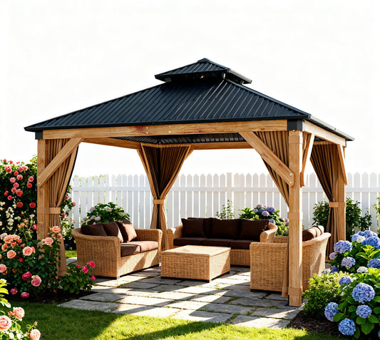 10x12 FT Hardtop Wooden Gazebo with Galvanized Steel Double Roof, Aluminum Frame, Mosquito Netting & Curtains – Durable Outdoor Pavilion for Patio, Backyard, Deck & Lawn