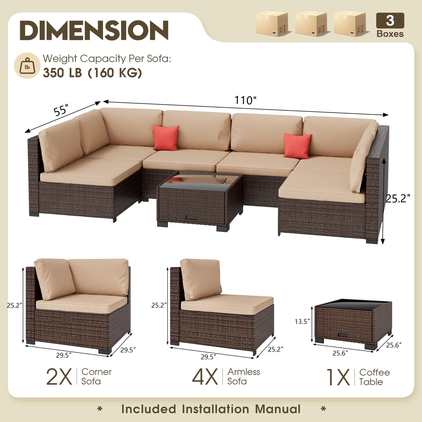 LHBcraft 7 Piece Patio Outdoor Furniture Set, Outdoor Sectional, All-Weather Manual Weaving PE Rattan Wicker Patio Sectional Sofa, Rattan Outside Furniture with Beige Cushion and Glass Table