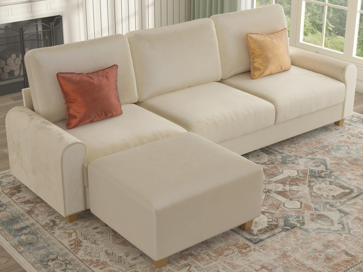 EASE MOOSE Large Seat Velvet L-Shaped Sofa, Soft 4 Seat Couch with Reversible Chaise, Comfy Sectional Modular Sofa with Removable Washable Covers for Living Room and Small Space, Beige