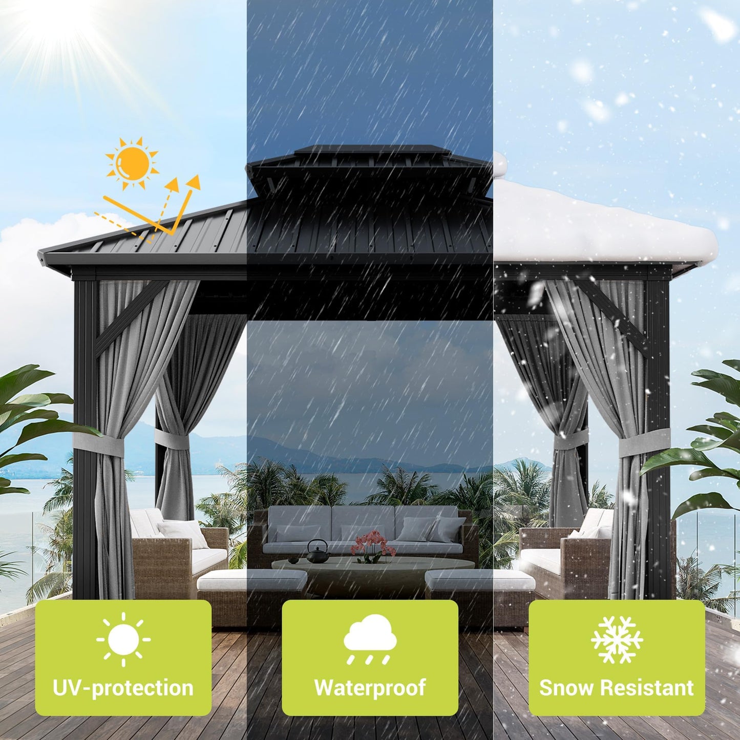 10 X12 ft Hardtop Gazebo, Galvanized Steel Double Roof with Curtains and Netting, Aluminum Frame Patio Gazebo for Patio, Garden and Lawn