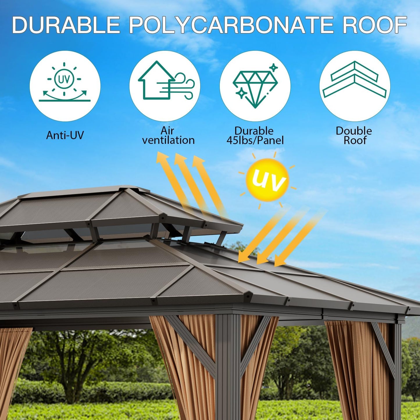 GAOMON 10'x12' Hardtop Gazebo, Outdoor Polycarbonate Double Roof Canopy, Aluminum Frame Permanent Pavilion with Curtains and Netting, Sunshade for Garden, Patio, Lawns