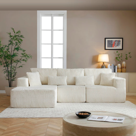 109" Modular L-Shaped Corner Cloud Sofa Corduroy Modular Couches with Deep Seat, 3 Pieces Compressed Boneless Sofa W/Right Chaise Lounge and 4 Pillows for Living Room