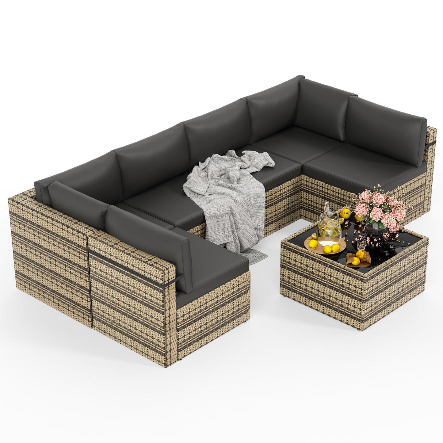 PATIOPIA 7-Piece Outdoor Sectional Sofa Set, Weather-Resistant Patio Furniture Set with Washable Cushions and Coffee Table, Black Rattan Patio Conversation Set for Poolside, Backyard, Deck (Beige)