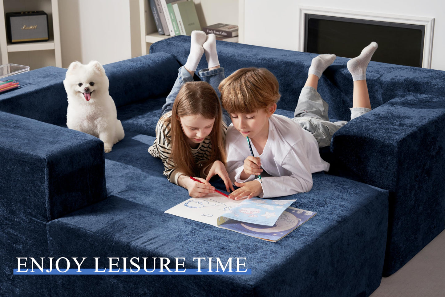 HABUTWAY 105" L-Shape Modular Sectional Sofa Couch for Living Room,No Assembly Required,Modular Comfy Sofa with Deep Seat for Living Room Bedroom,Luxury Distressed Velvet(Left,Blue)