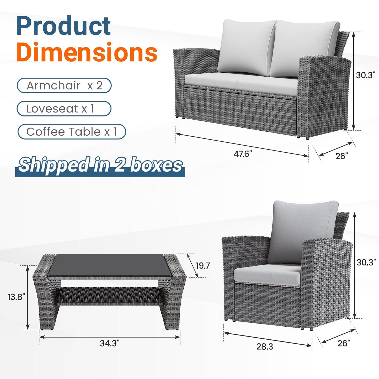 Wisteria Lane Patio Furniture Set, Wicker Outside Outdoor Furniture for All Weather, Patio Sofa with High Backrest Support and Wide Armrest for Backyard, Balcony, Deck, Porch, Ash Gray