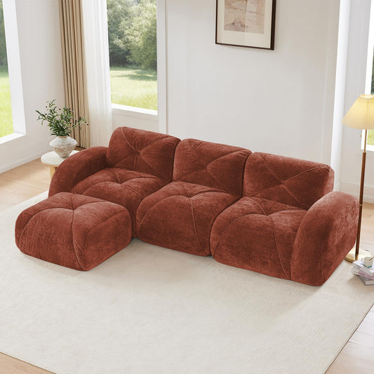 Red L-Shaped Sectional Couches for Living Room, Velvet Fabric Boneless Couch, No Assembly Cloud Modular Sectional Sofa with 1 Ottoman, Foam Couch Compressed Sofa Set for Apartment, Sofas para Sala