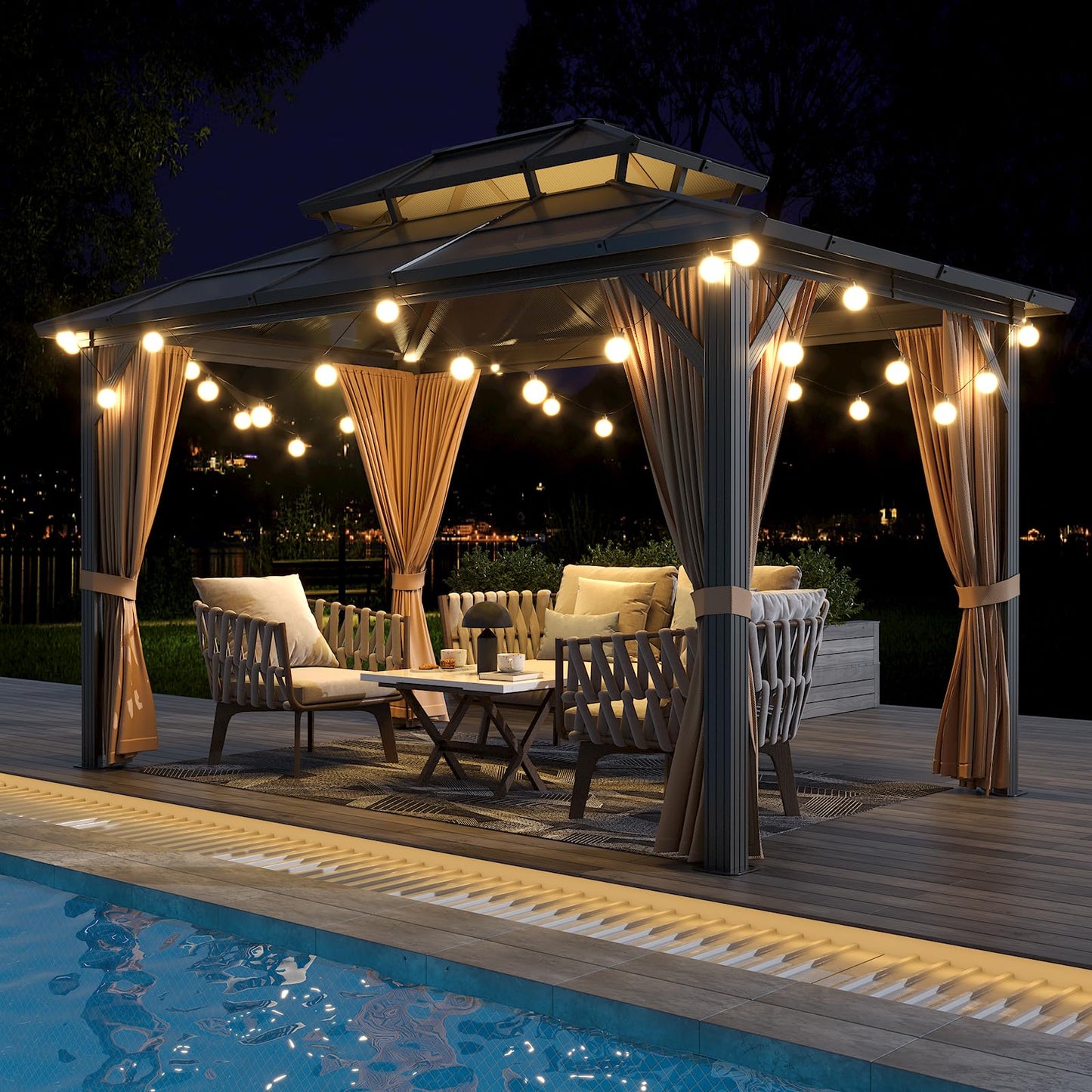 GAOMON 10'x13' Hardtop Gazebo, Outdoor Polycarbonate Double Roof Canopy, Aluminum Frame Permanent Pavilion with Curtains and Netting, Sunshade for Garden, Patio, Lawns (10x13ft)
