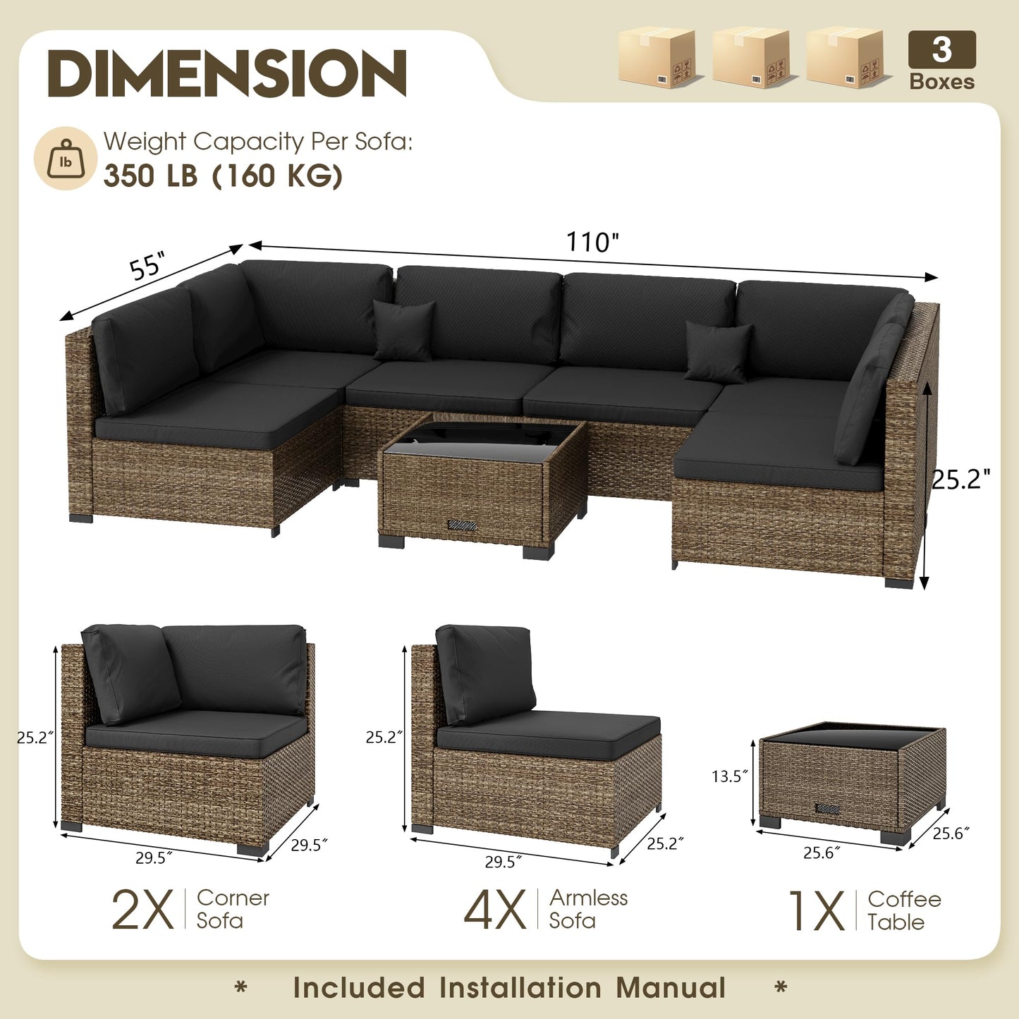 LHBcraft 7 Piece Patio Outdoor Furniture Set, Outdoor Sectional, All-Weather Manual Weaving PE Rattan Wicker Patio Sectional Sofa, Rattan Outside Furniture with Black Cushion and Glass Coffee Table
