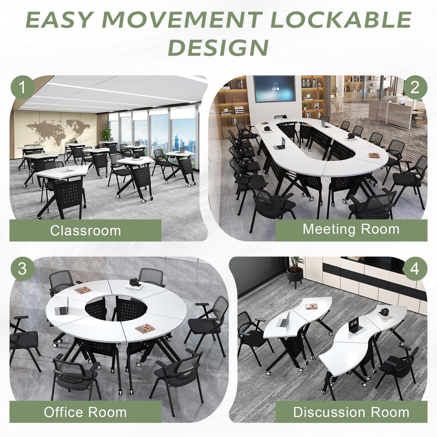 JFazzruit Folding Conference Table,Fan-Shaped Conference Room Tables with Wheels, Mobile Modular Seminar Meeting Desk for Classrooms,Office & Seminar (8, Fan-White)