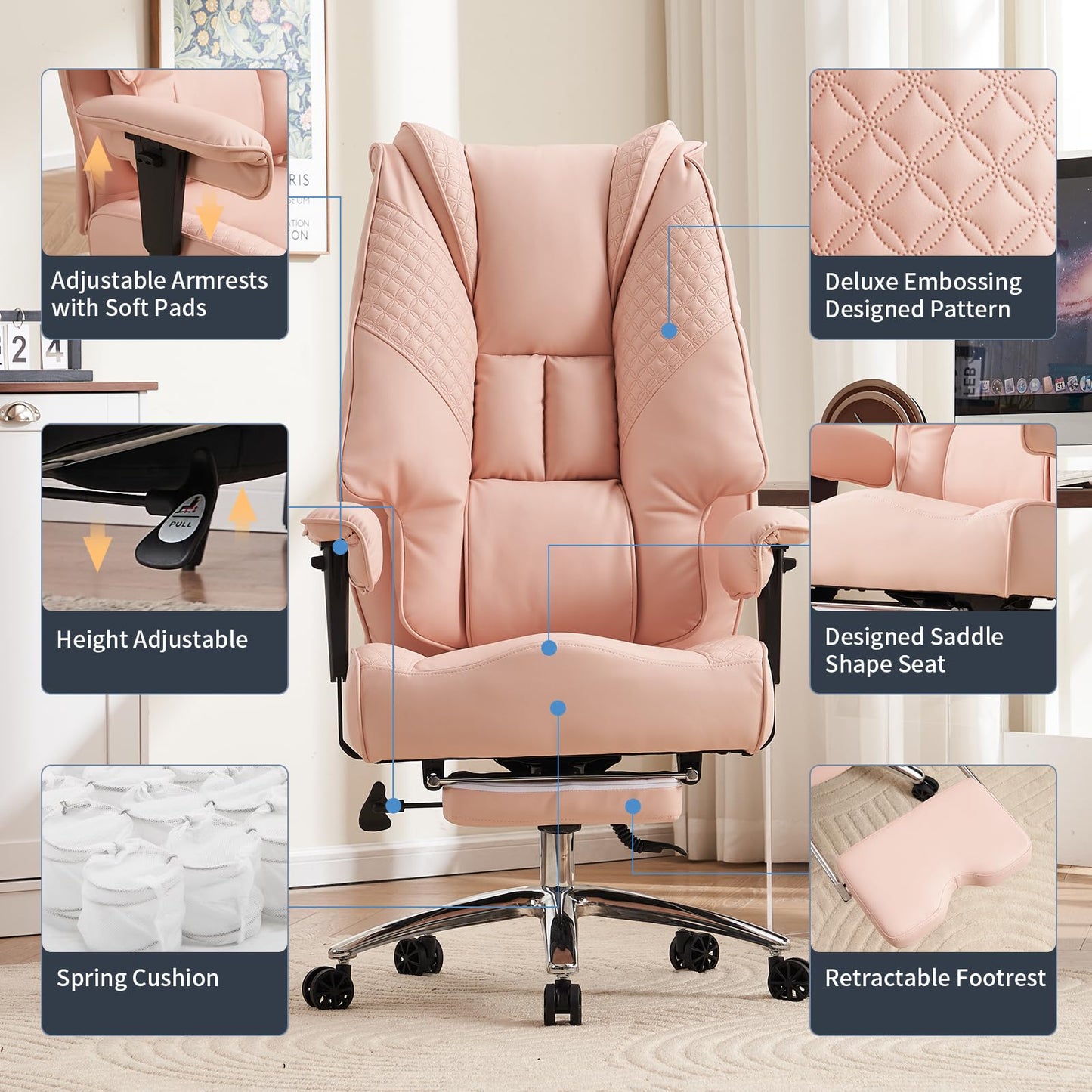 EXCEBET Big and Tall Office Chair 400lbs Wide Seat, Leather High Back Executive Office Chair with Foot Rest, Ergonomic Chairs Lumbar Support for Lower Back Pain Relief (Light Pink)