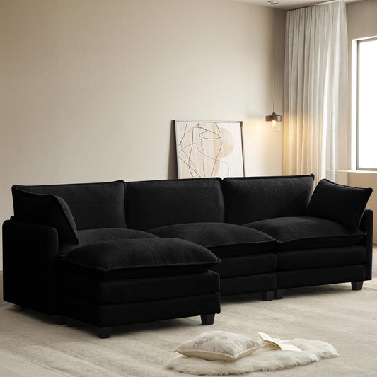 ROWHY 112'' Modular Sectional Cloud Couch with Movable Ottoman, 4 Seat Modern Chenille Sofa with 2 Throw Pillows, Deep Seat L Shaped Couch for Living Room Bedroom Apartment, Black