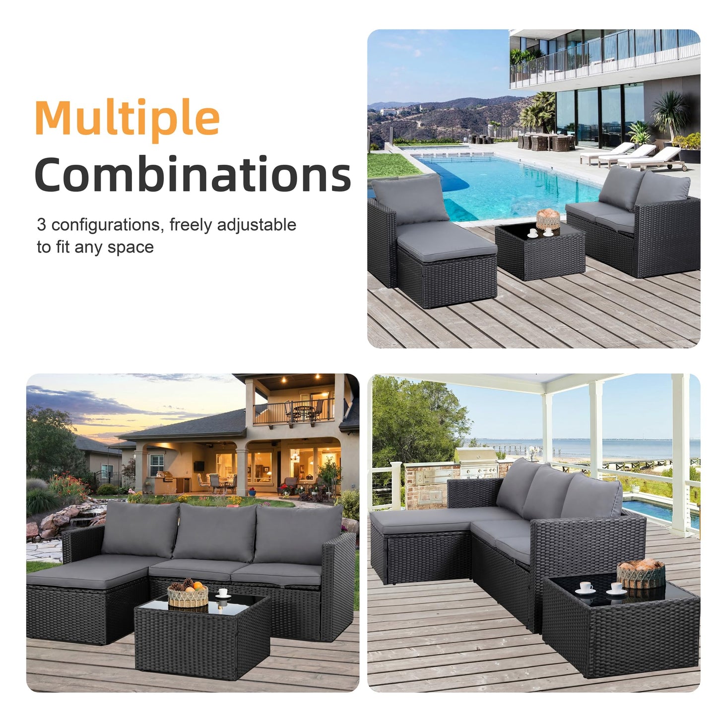 Shintenchi 4 Pieces Patio Furniture Sets, Outdoor Sofa Patio Sectional Sets All Weather, 2-in-1 Wicker Rattan Seating Sofa Couch with Cushions & Coffee Table for Yard, Garden, Porch, Poolside (Gray)