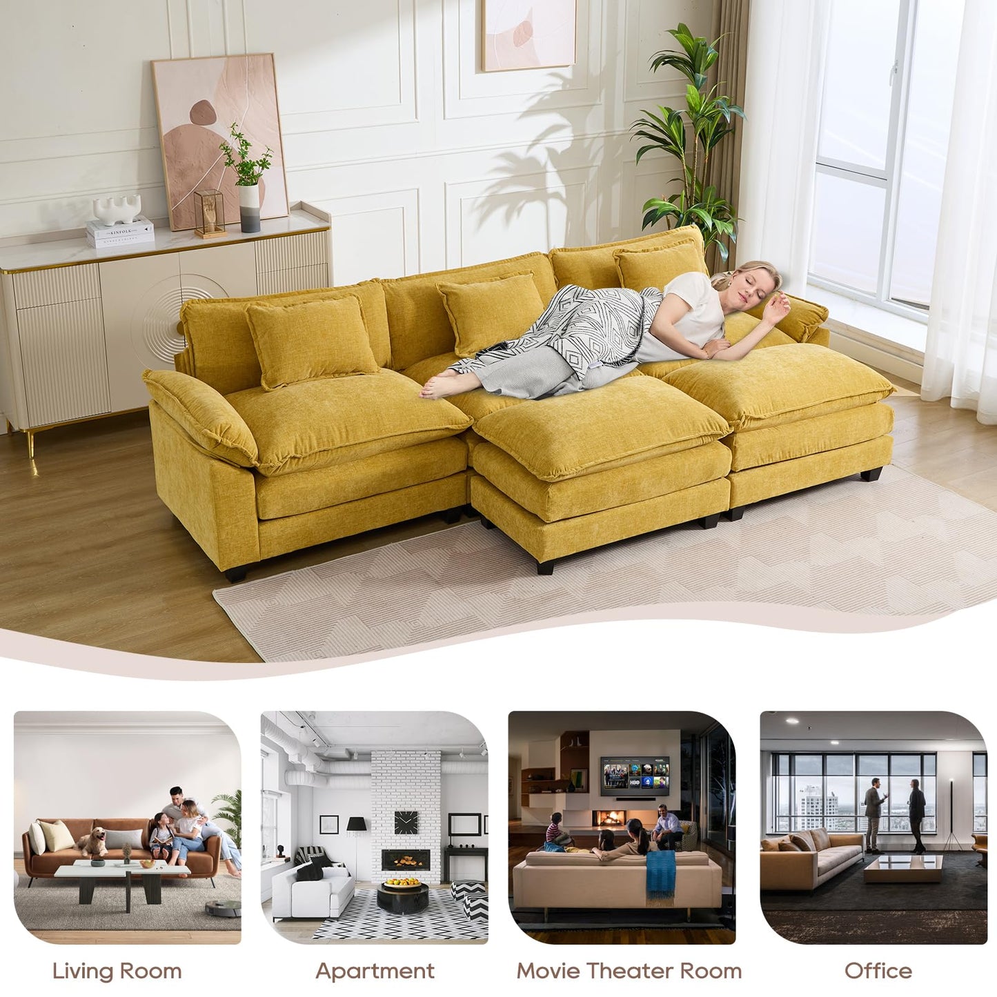 IPKIG 117" Sectional Sofa Cloud Couch, Modern Chenille U-Shaped Couch Comfy Upholstered 3-Seat Sofa with 2 Ottoman, 3 Lumbar Pillow, Deep Seat Modular Sofa for Living Room, Apartment, Studio, Yellow
