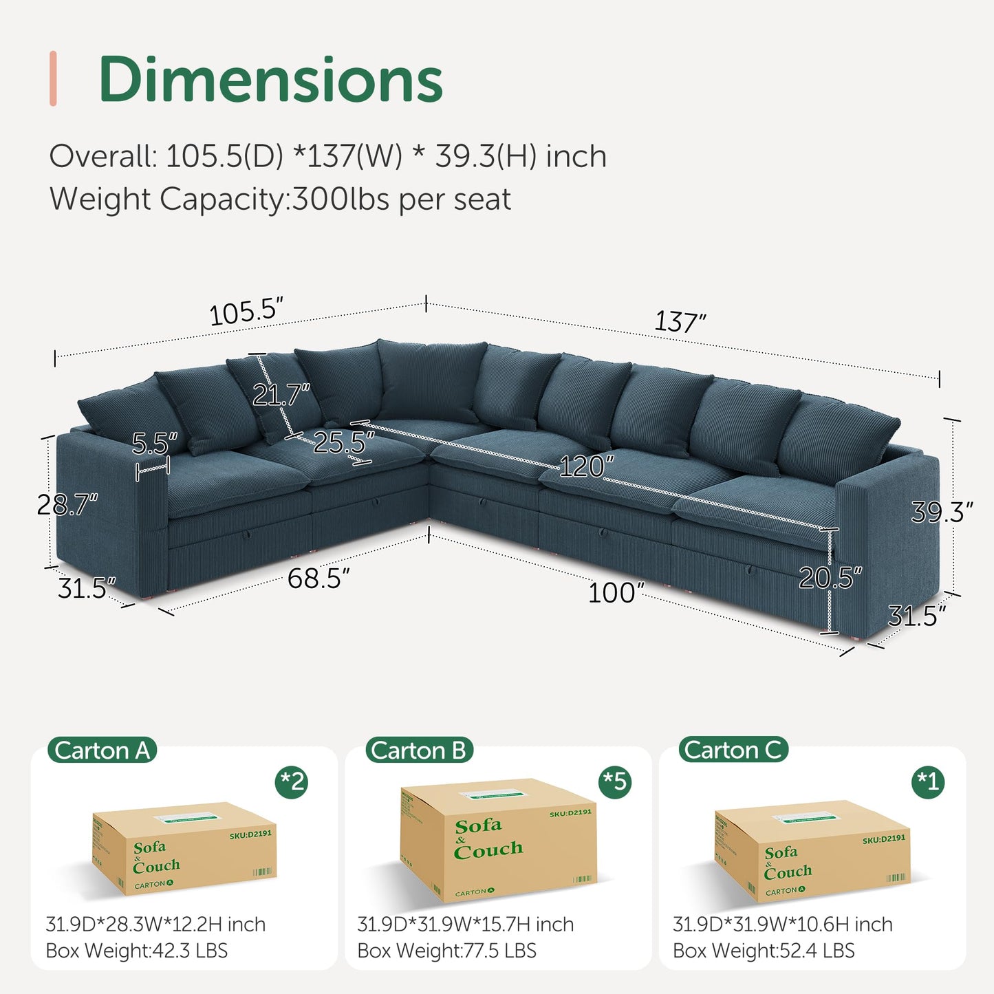 HONBAY Modular Sectional Sofa, 6 Seaters Corduroy Sectional Couch, L Shaped Couch with Storage & Pillows, Blue