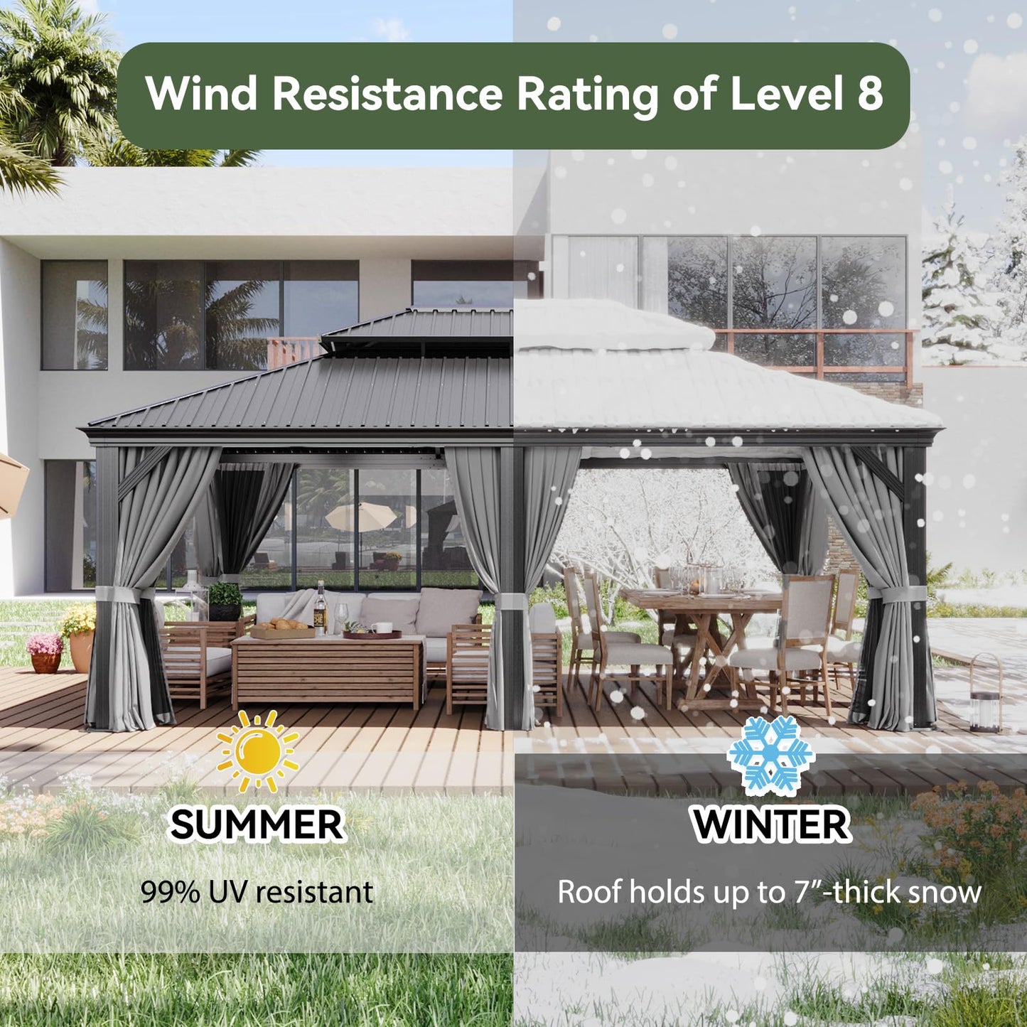 Aoxun 14' X 20' Hardtop Gazebo with Drainage System, Aluminum Outdoor Gazebo with Galvanized Steel Double Roof, Patio Permanent Metal Pavilion with 20 inch Ceiling Fan, for Garden, Deck, Grey