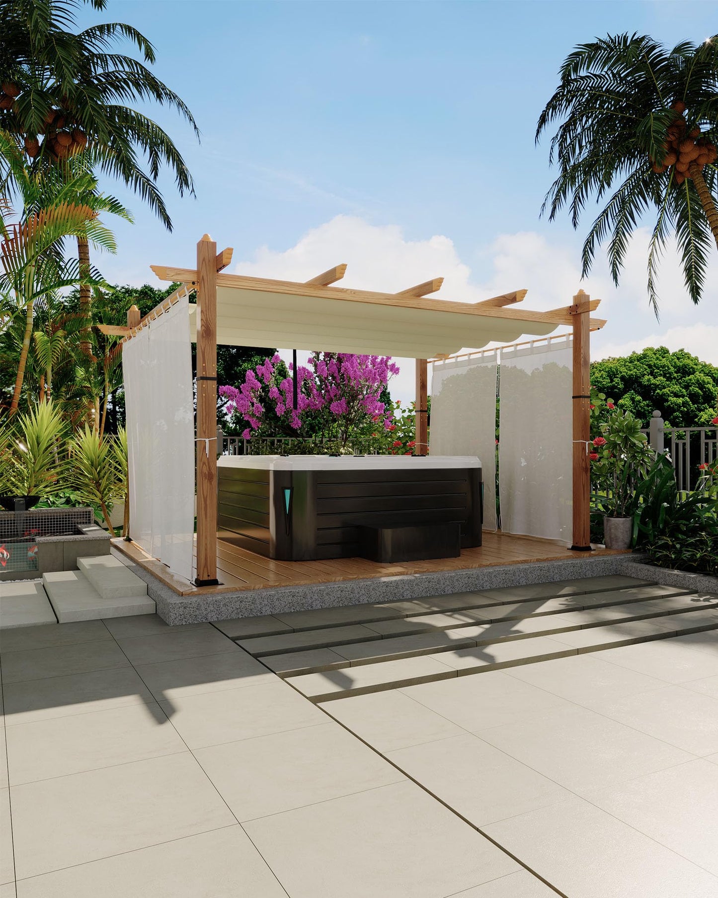 KYBOLT 10x13 Ft Outdoor Pergola with Retractable Canopy Aluminum Gazebo Imitation Wood-Grain Post with Side Mesh Screen Pavilion for Backyard Deck(Beige+White)